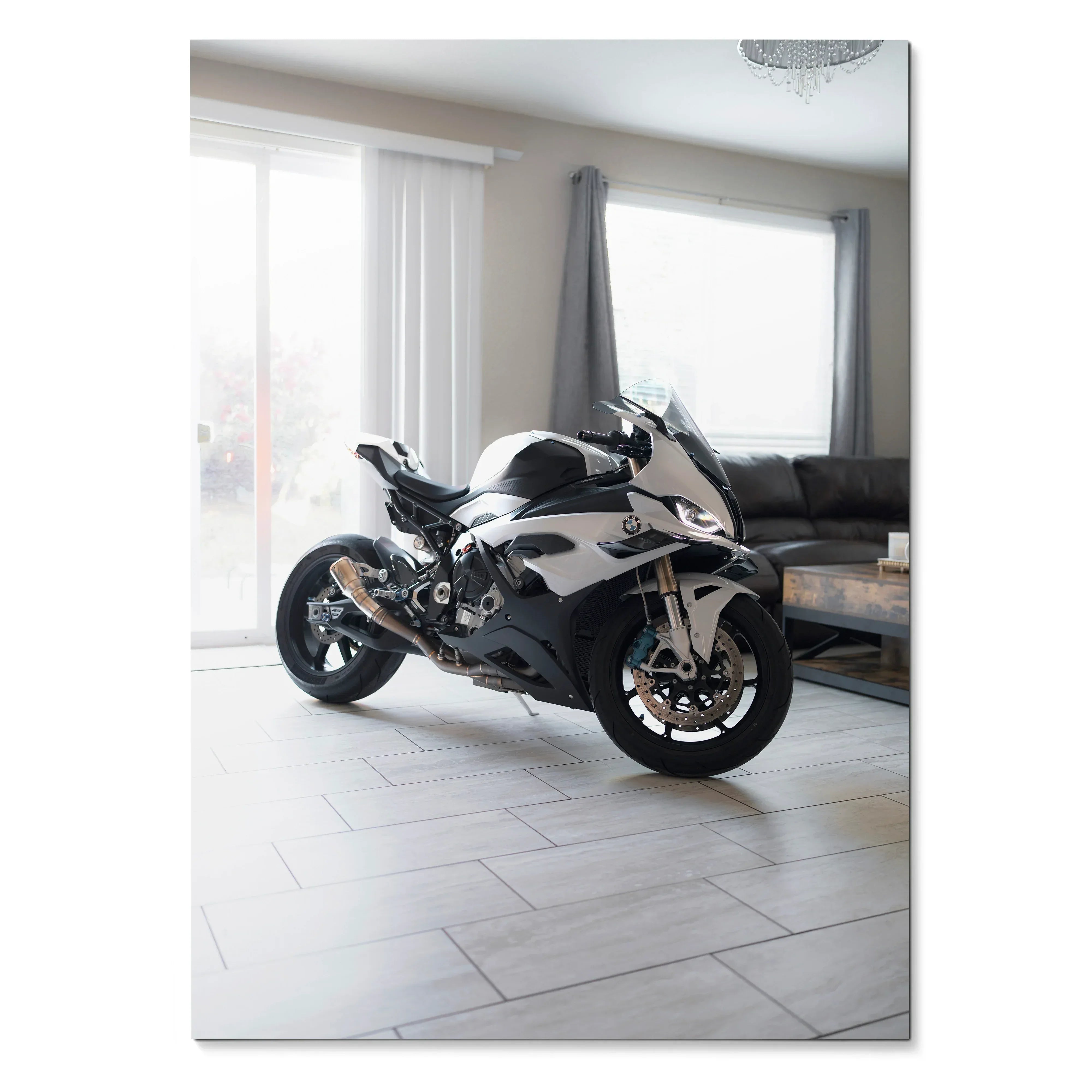 BMW S1000RR motorcycle wall art poster in sleek black and white, set in modern living space.