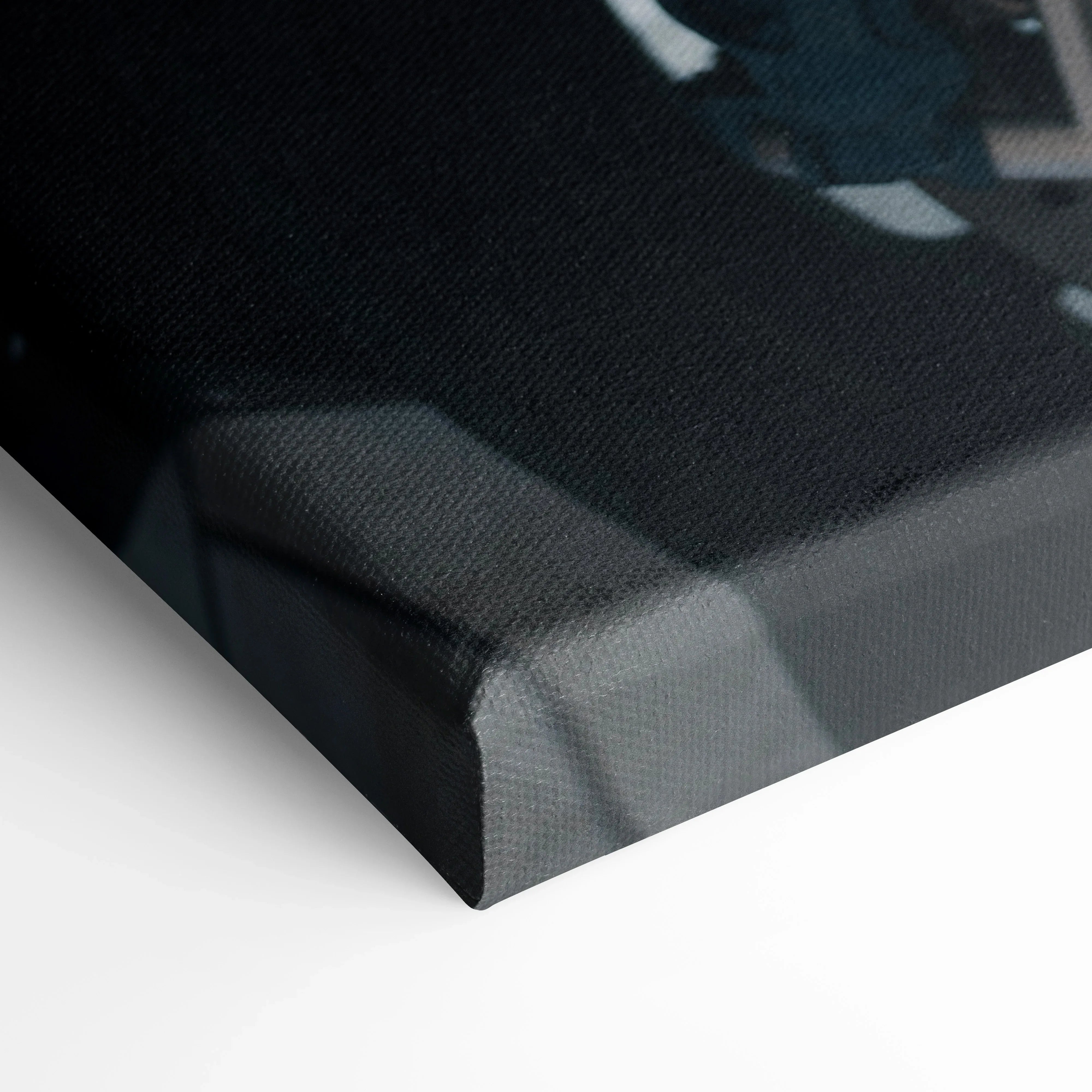 Close-up of black and gray BMW S1000RR motorcycle canvas art corner with museum-quality texture.