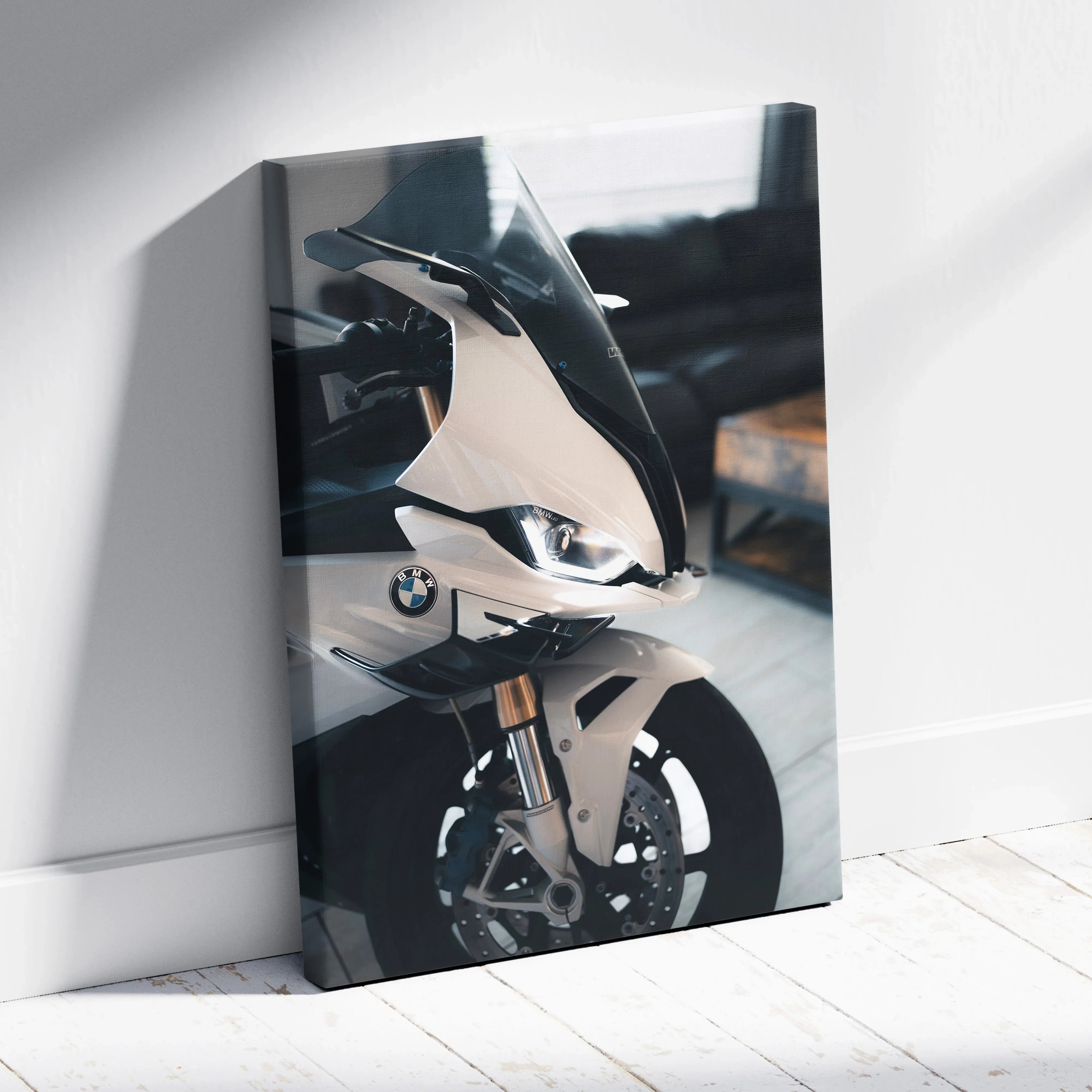 BMW S1000RR motorcycle close-up canvas art with glossy museum-quality finish and modern decor background.