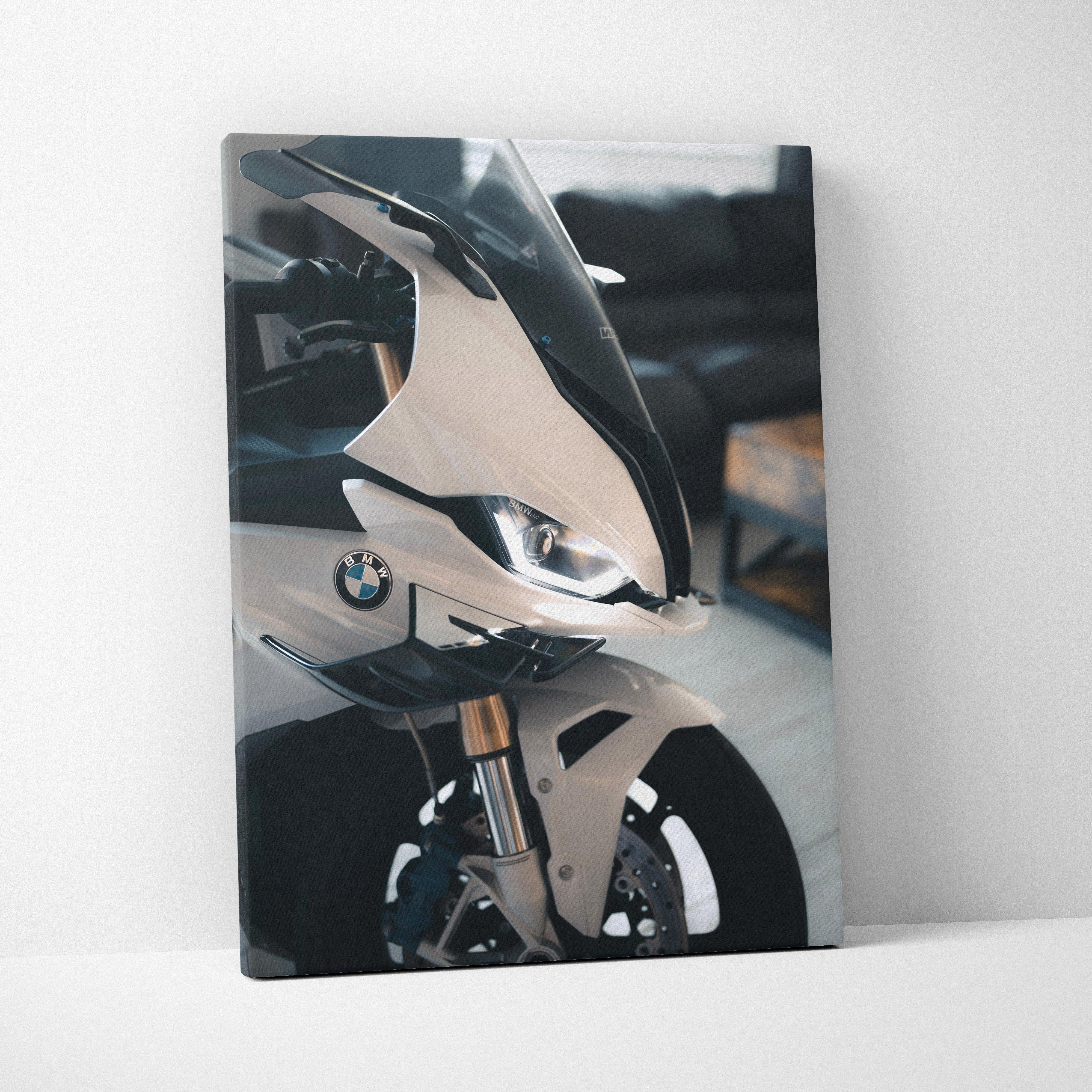 BMW S1000RR close-up canvas wall art with high-resolution vertical motorcycle detail.