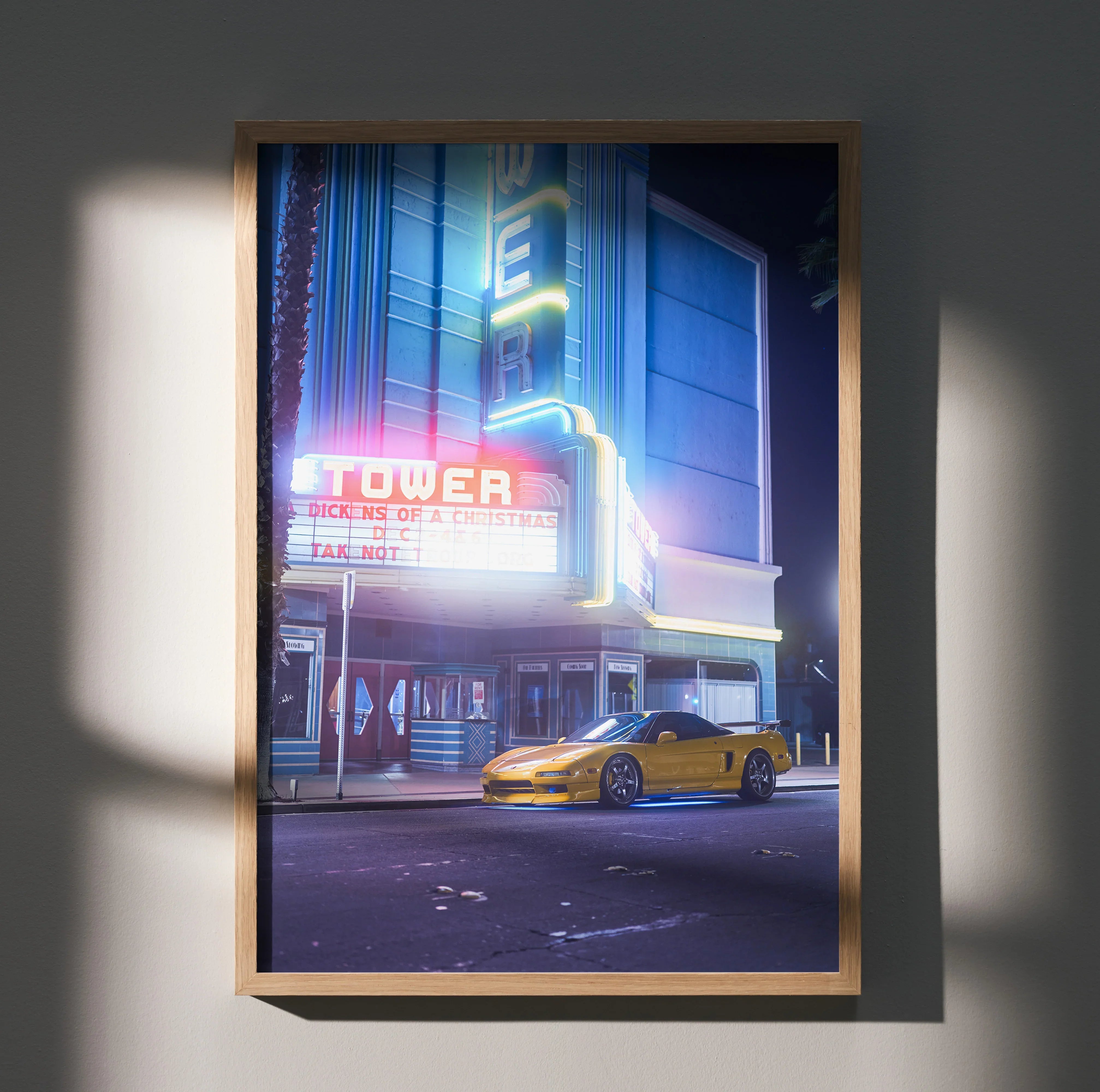 Acura NSX poster featuring neon-lit urban night scene, premium automotive wall art.