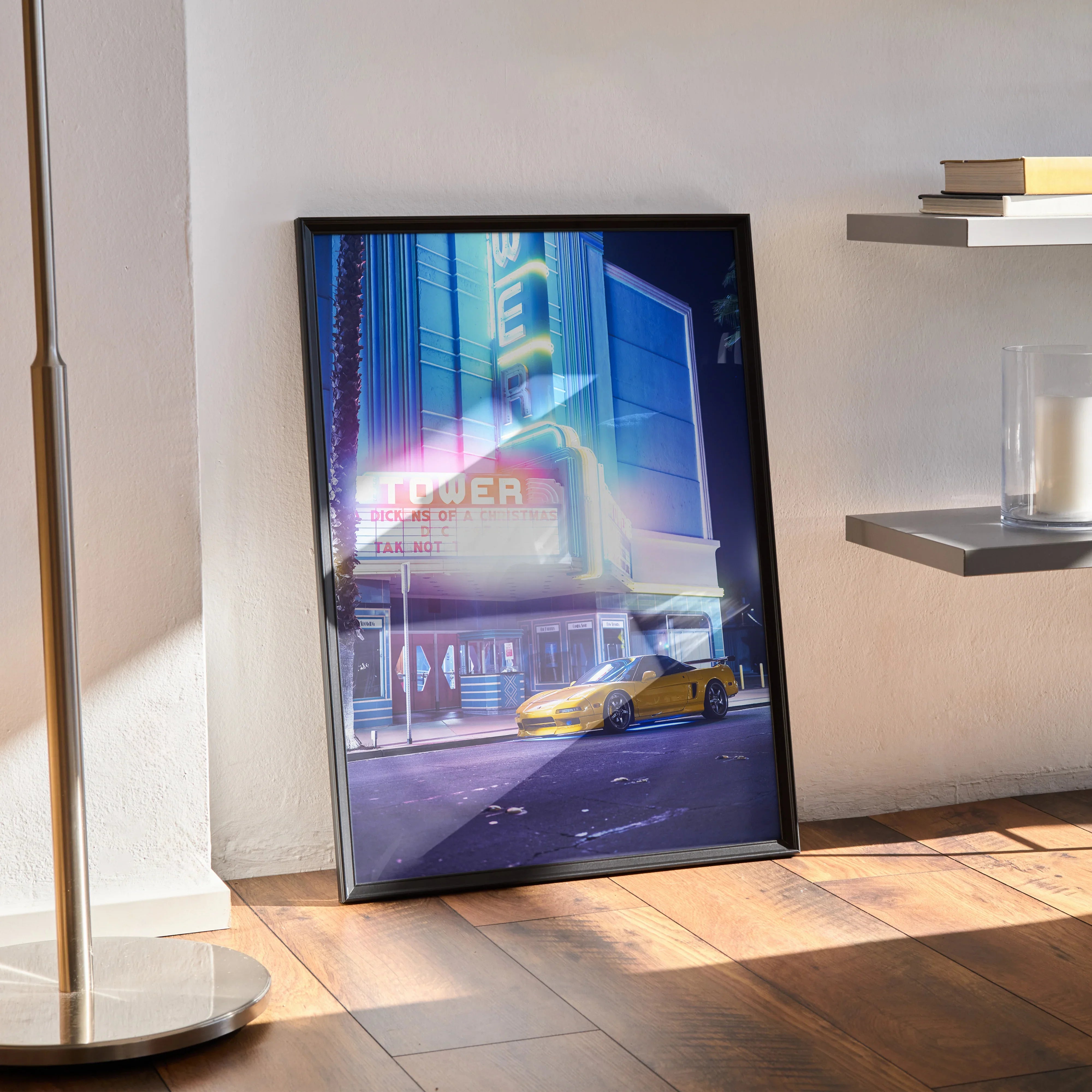 Acura NSX art poster featuring a yellow sports car with neon cityscape, modern wall art in black frame.