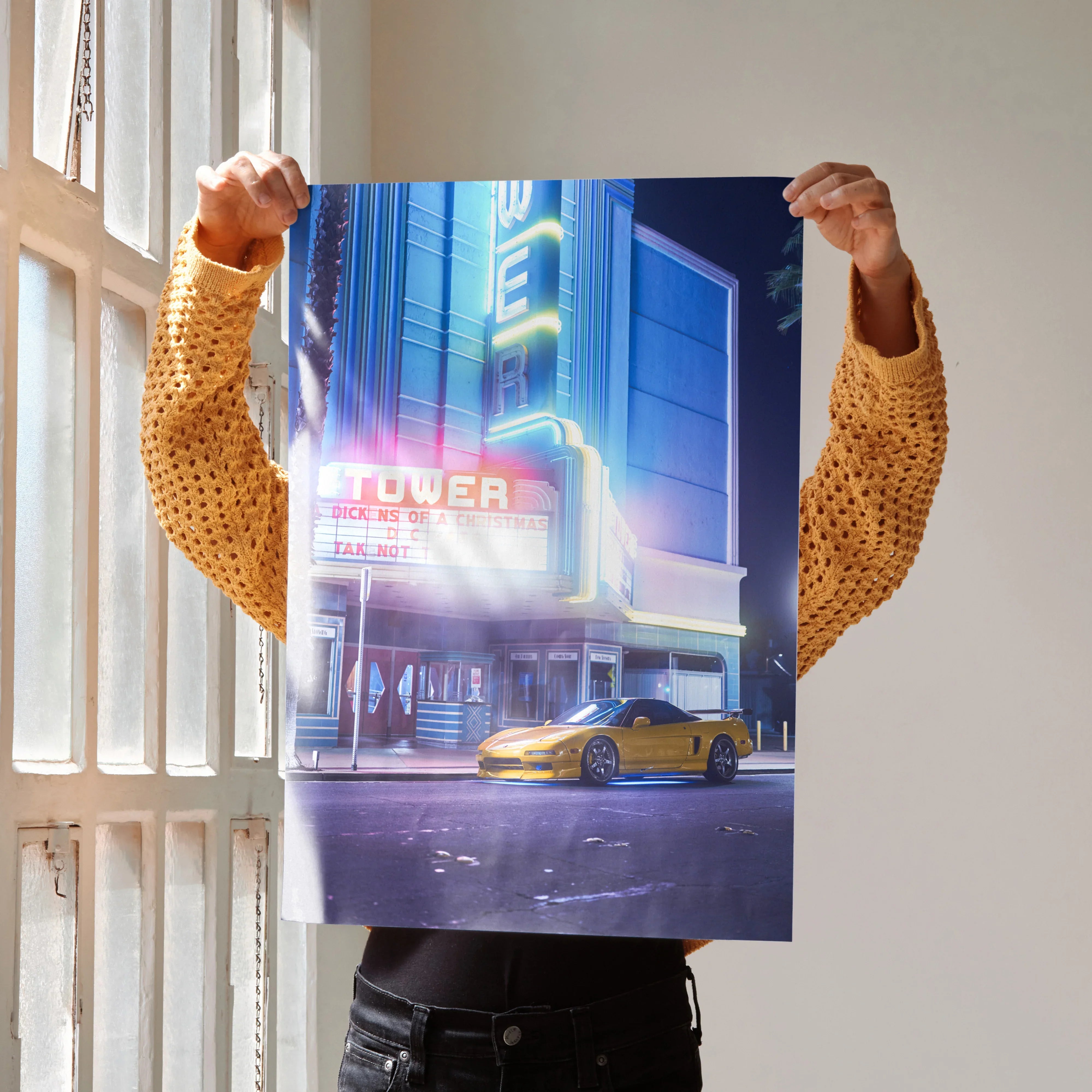 Acura NSX art poster showing yellow sports car with neon city background, premium wall art.