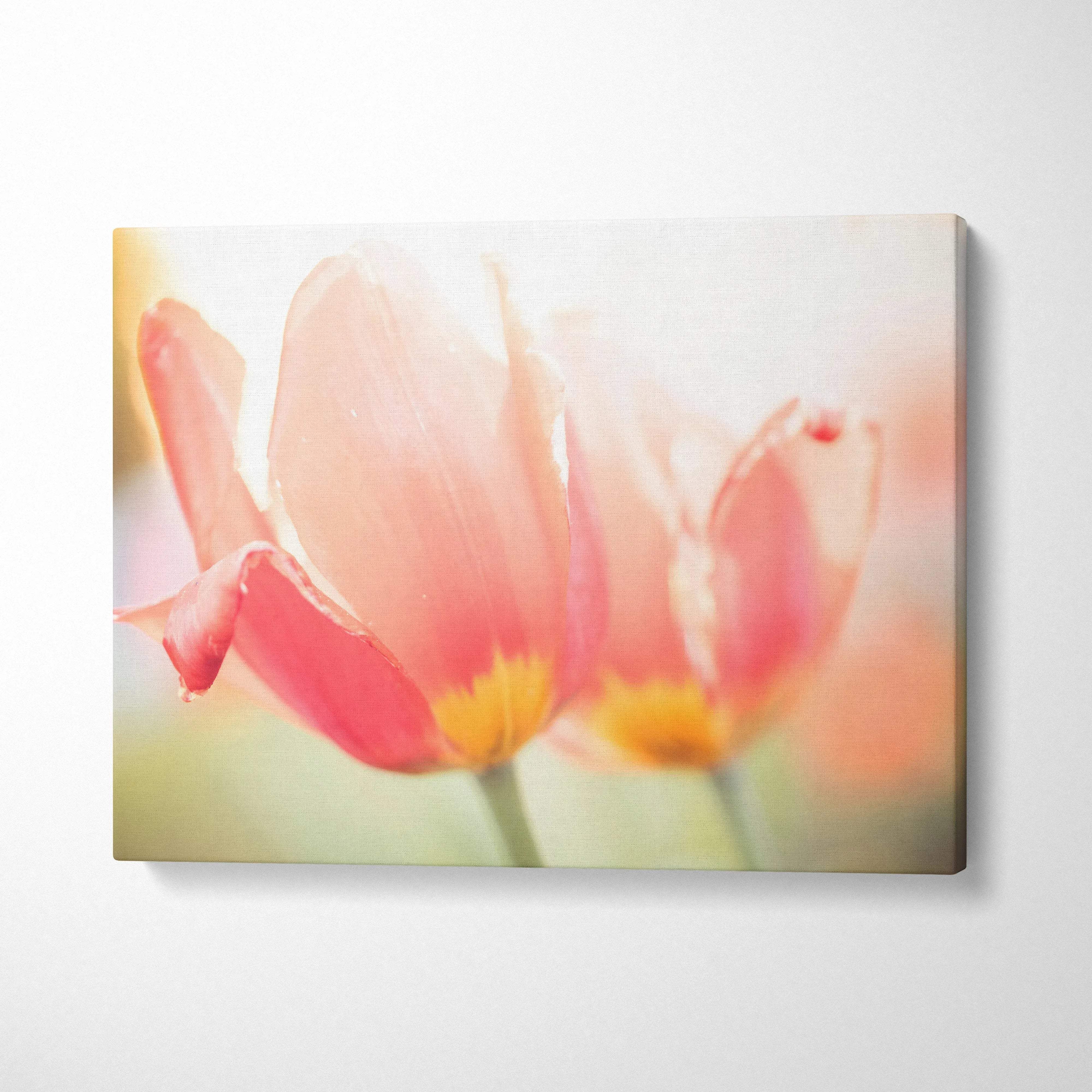 Vibrant red tulips close-up on soft-focus canvas wall art for home decor.