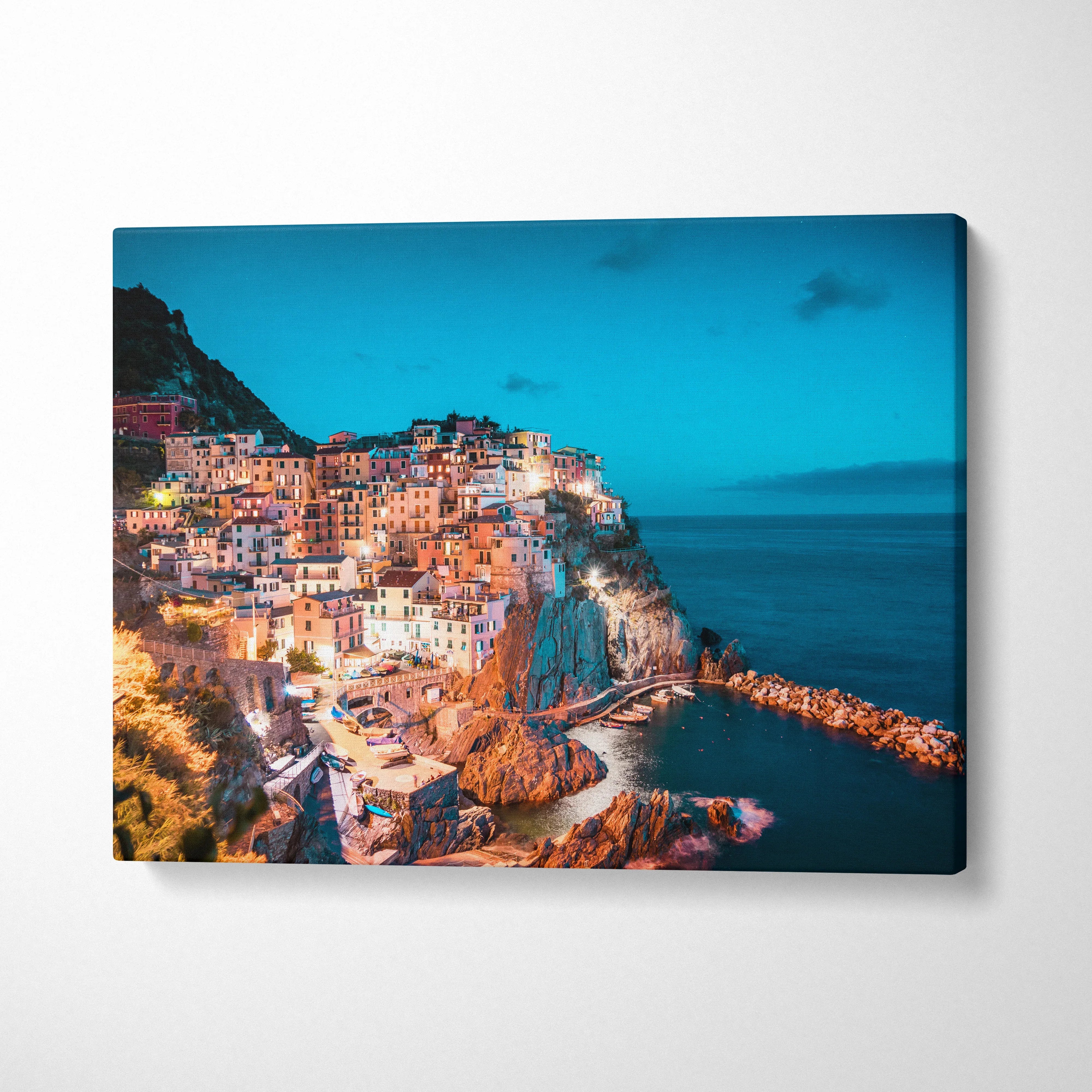 Ocean cliffside village vibrant digital art canvas wall art vibrant blue sky.