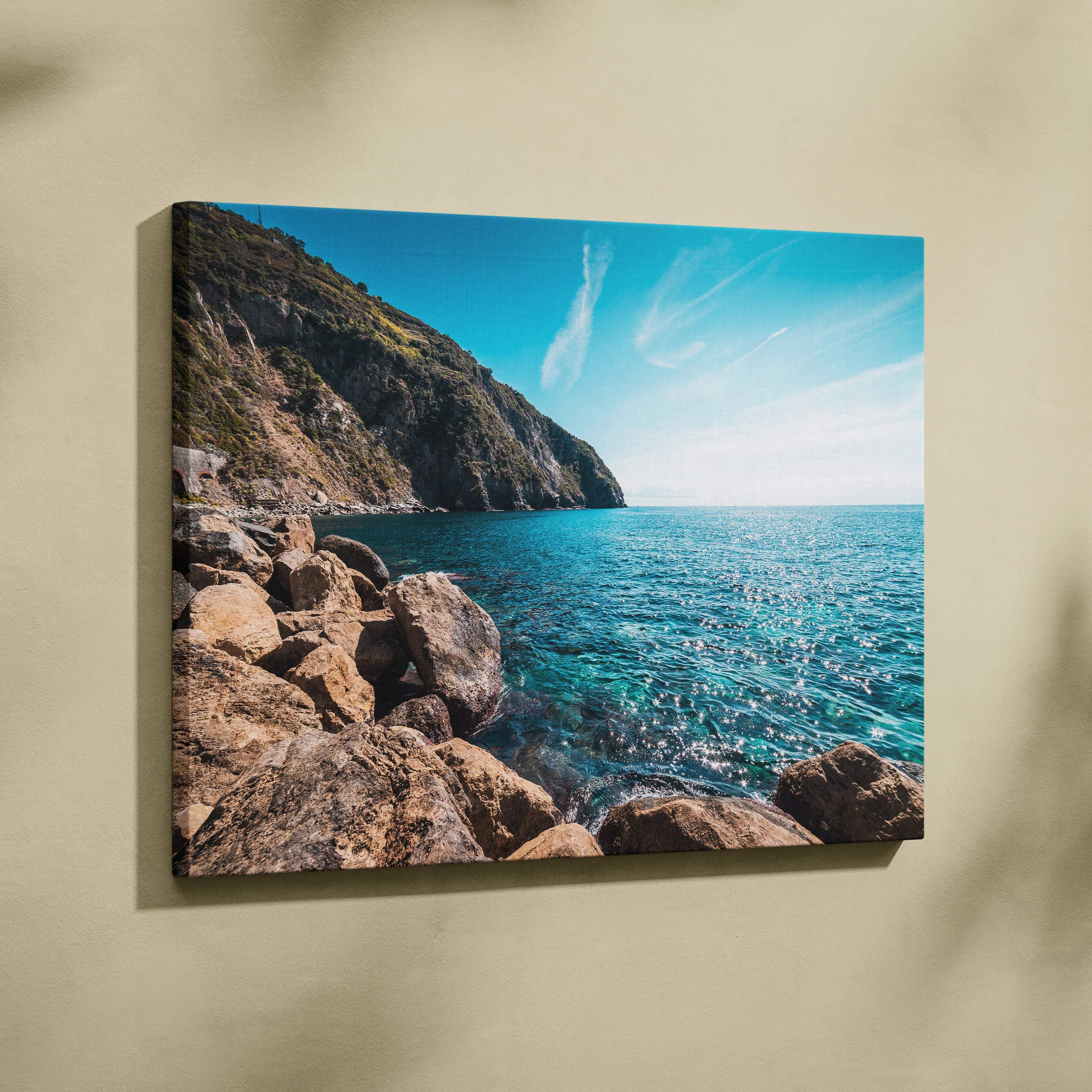 Vibrant rocky coastline near Riomaggiore canvas print with turquoise sea