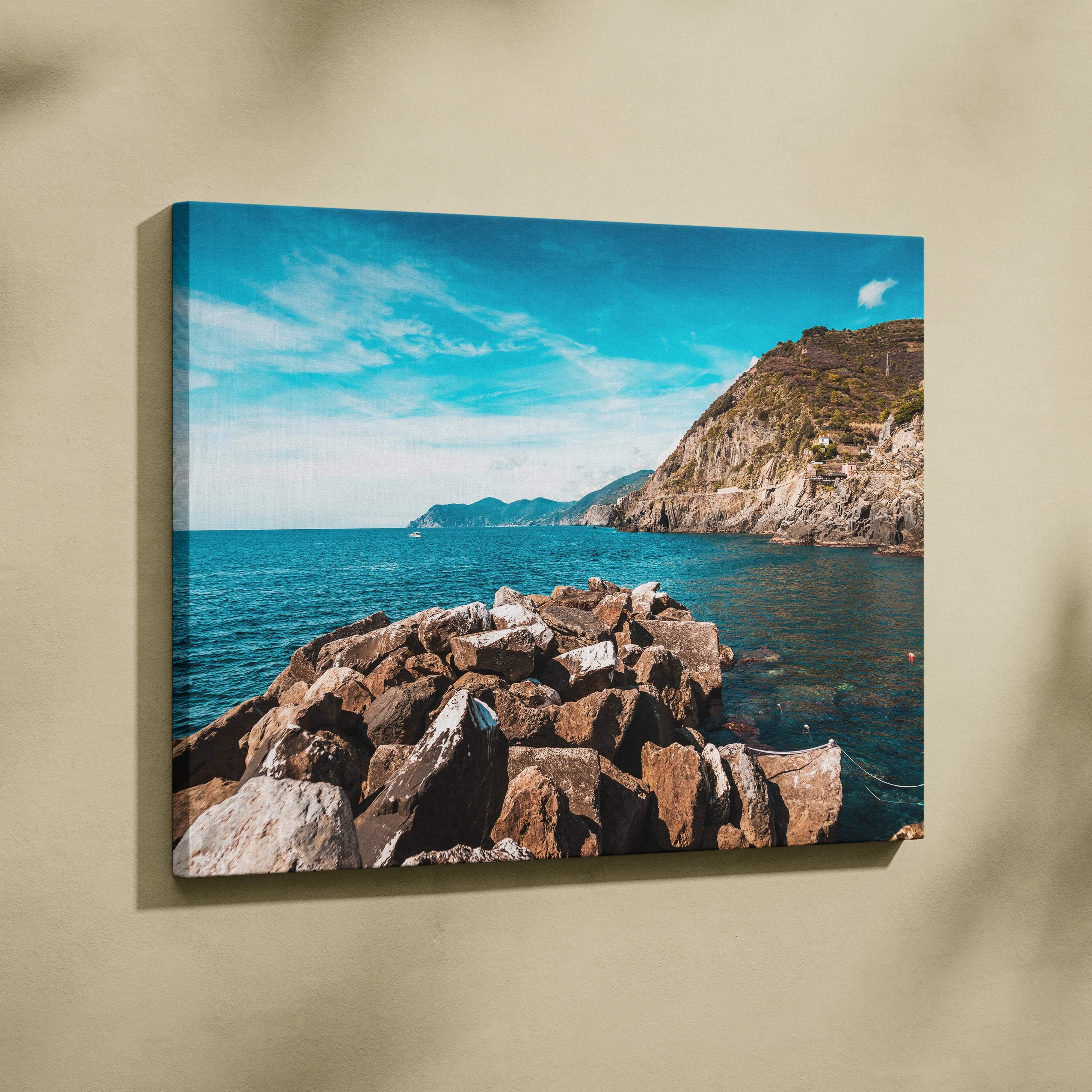 Rocky coastline near Riomaggiore canvas print with turquoise sea