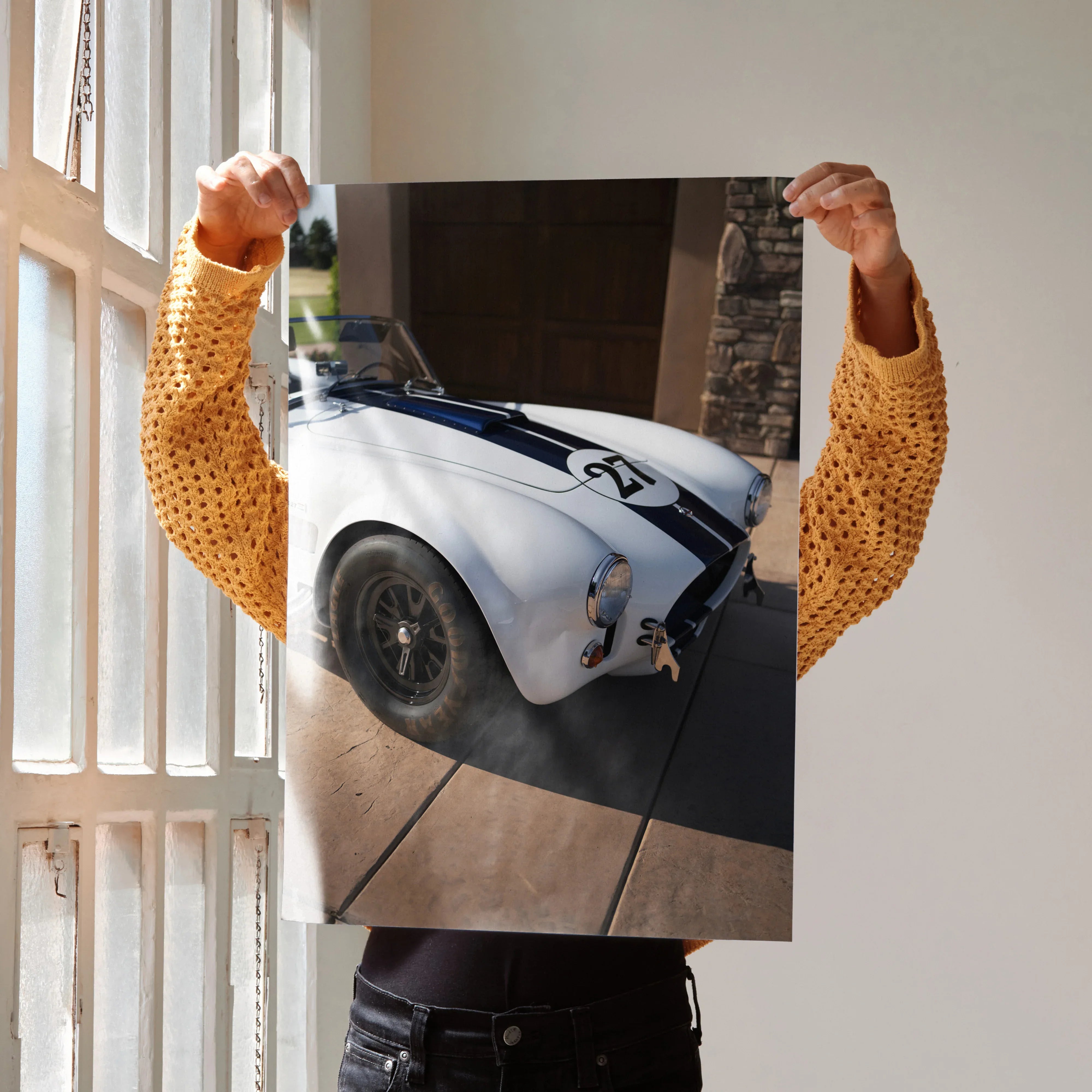 Shelby Cobra car close-up with white body and blue racing stripes poster wall art.