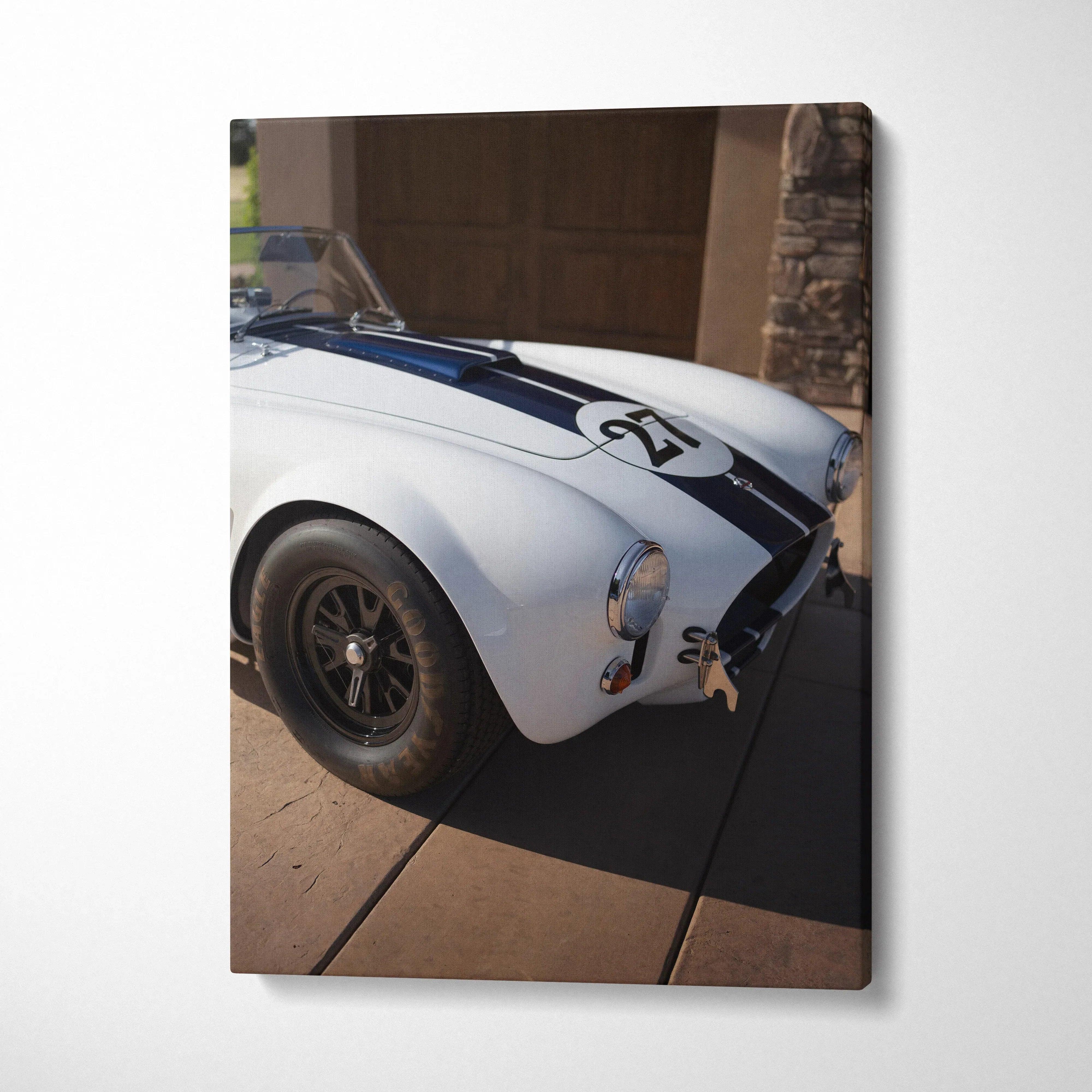 Shelby Cobra close-up on blue and white vertical canvas wall art with racing stripe and number 20.