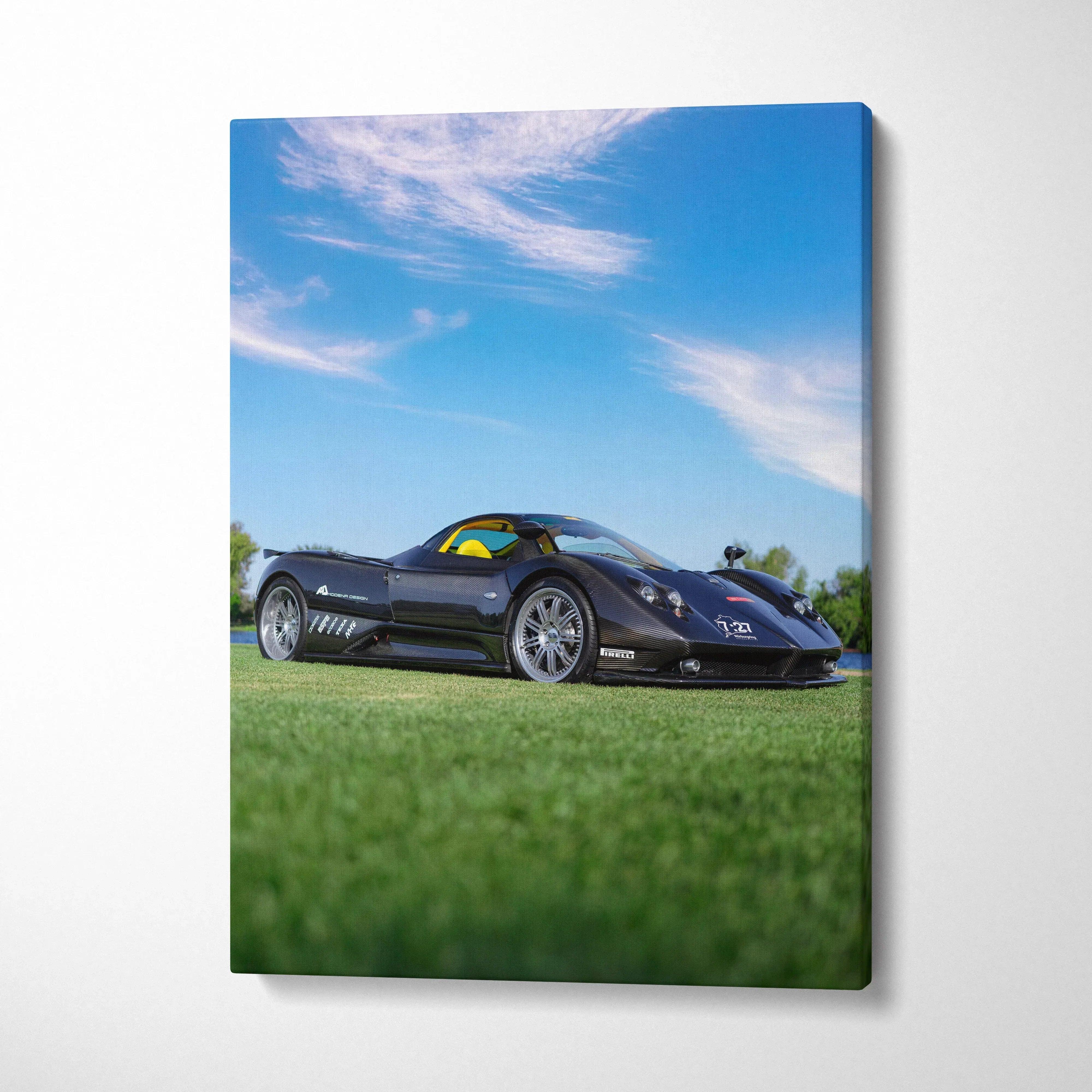 Pagani Zonda F Clubsport supercar on grass under blue sky vertical canvas wall art.