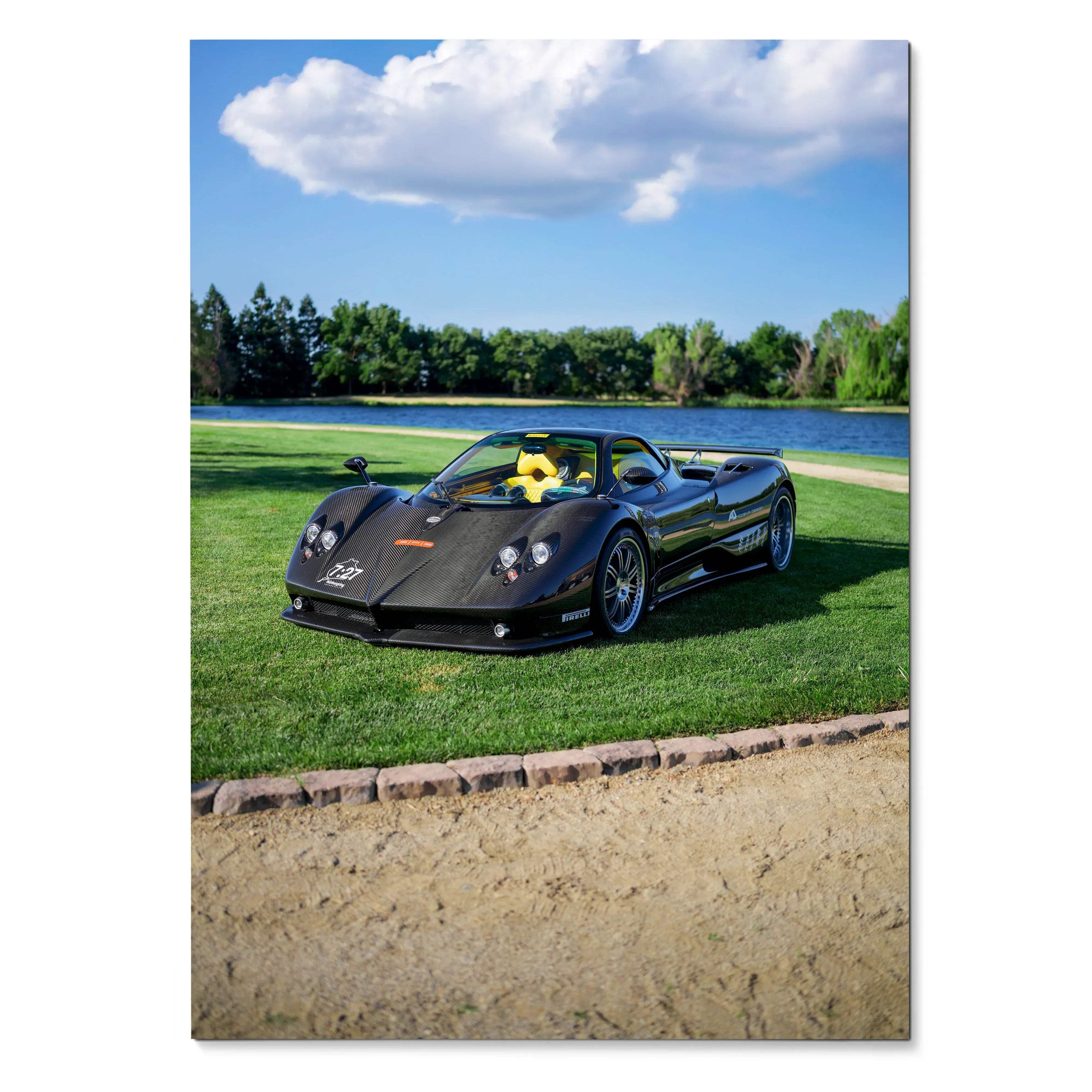Pagani Zonda F Clubsport black sports car poster wall art with scenic lake background.