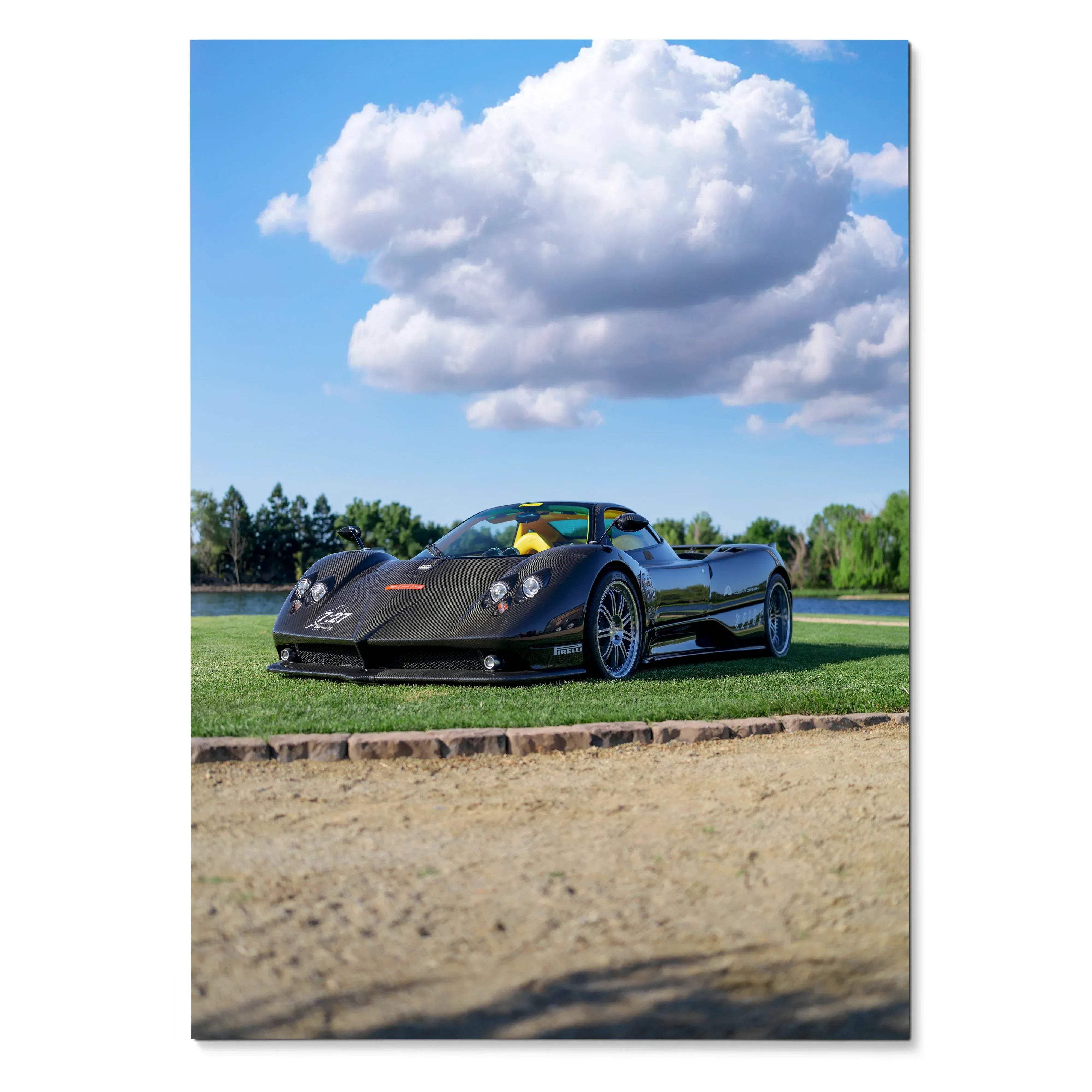 Pagani Zonda F Clubsport sports car under blue sky poster wall art.