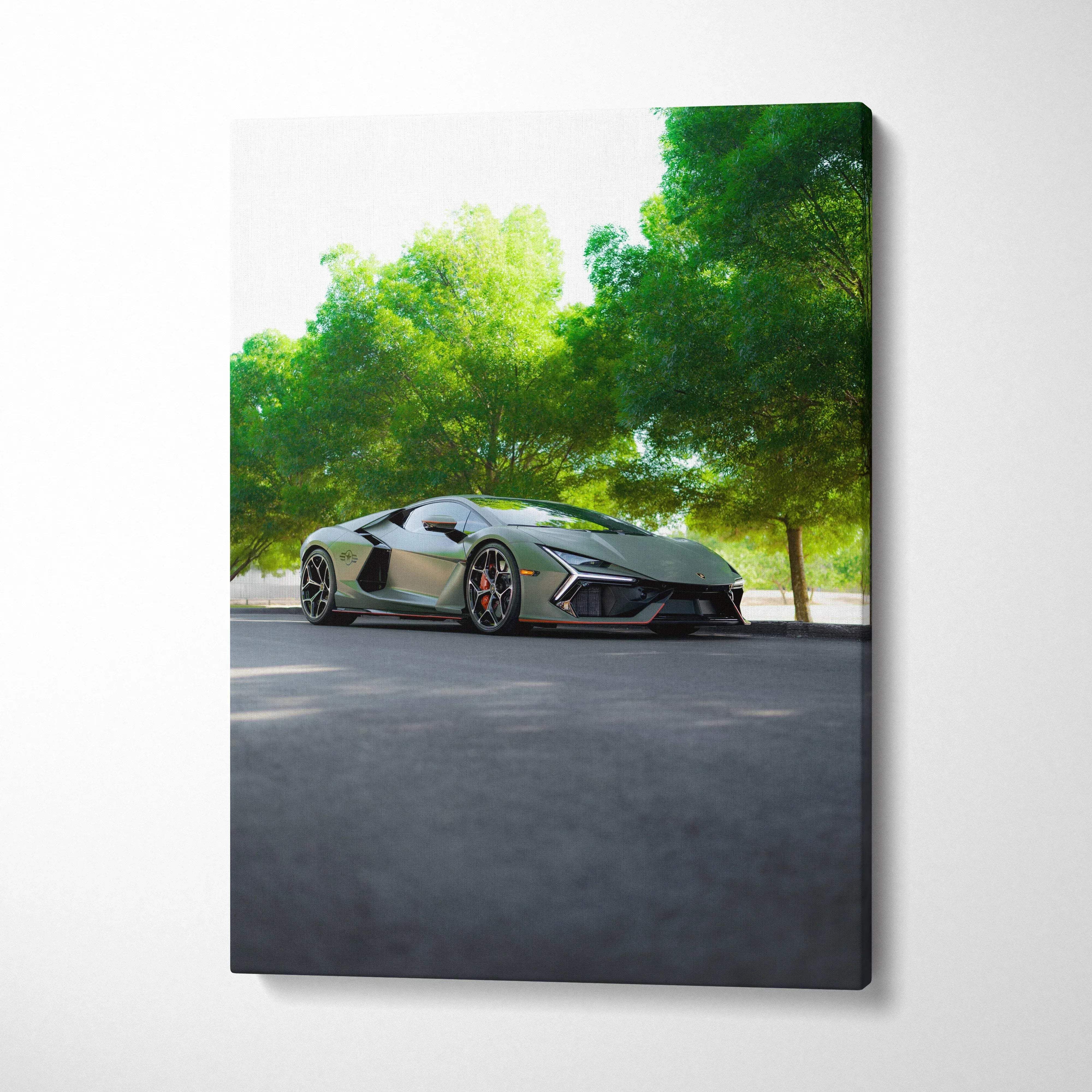 Lamborghini Revuelto sleek black sports car canvas art with green trees background vertical wall art.
