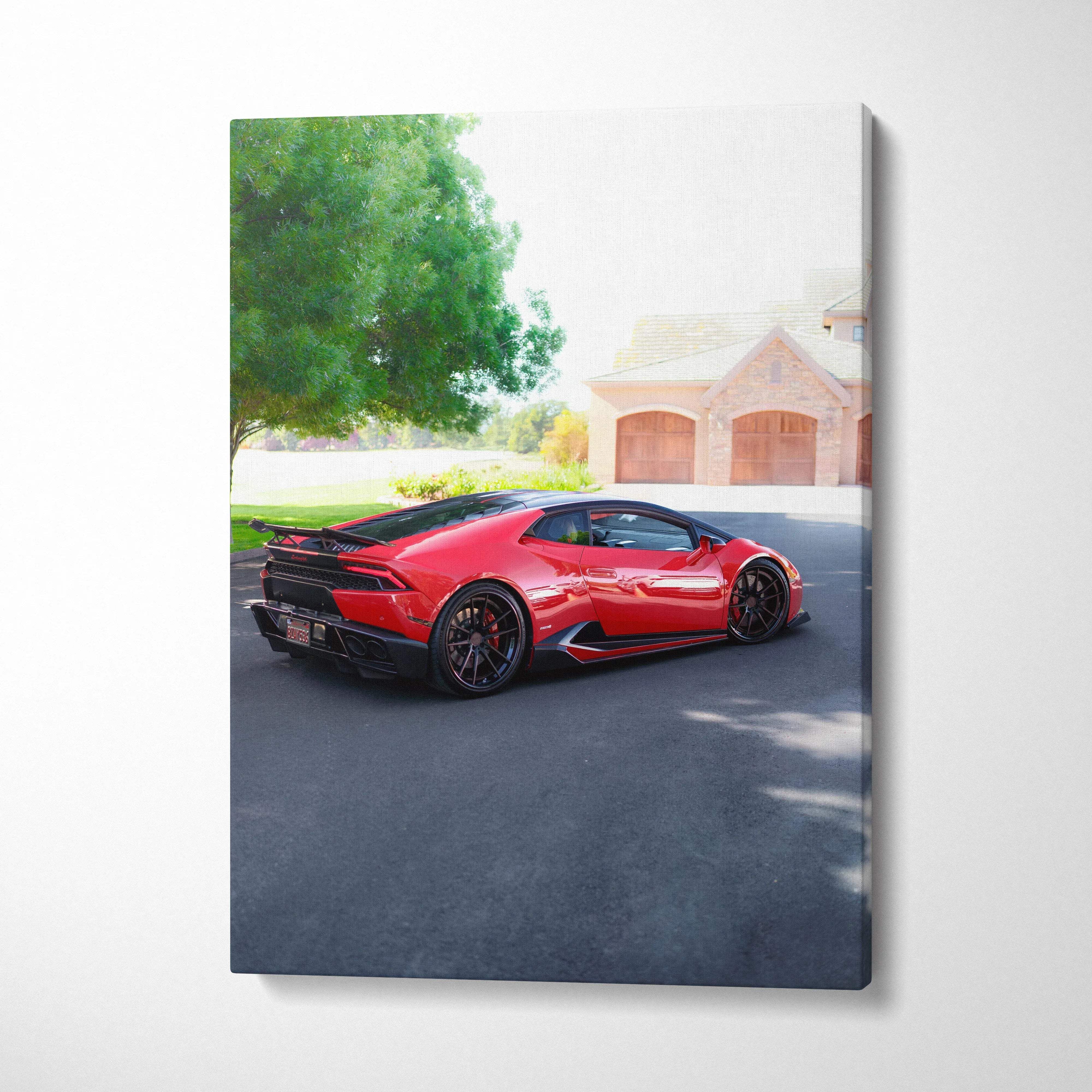 Red Lamborghini Huracan parked on driveway with house background on vertical canvas wall art.