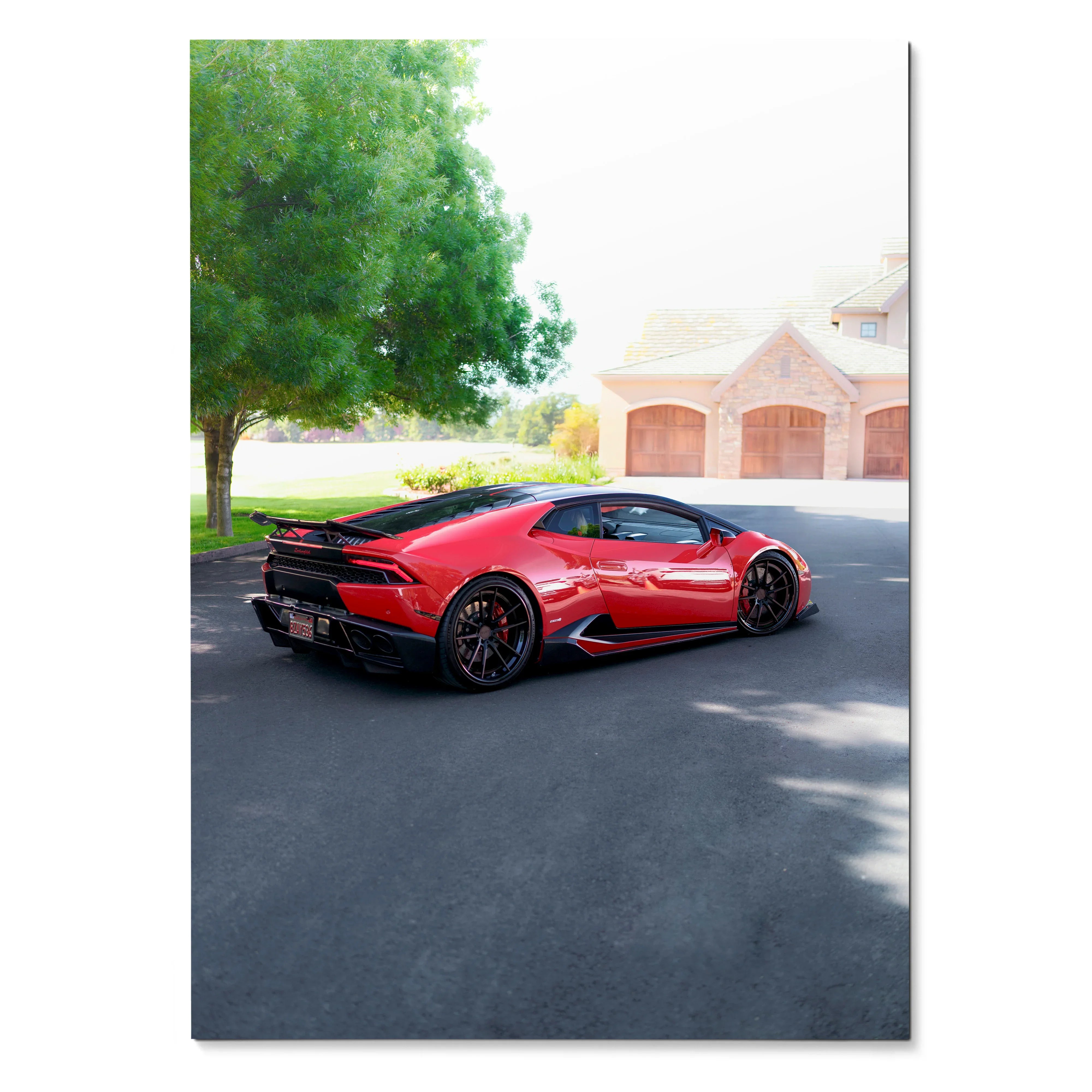 Red Lamborghini Huracan parked by tree with house in background, car poster wall art.