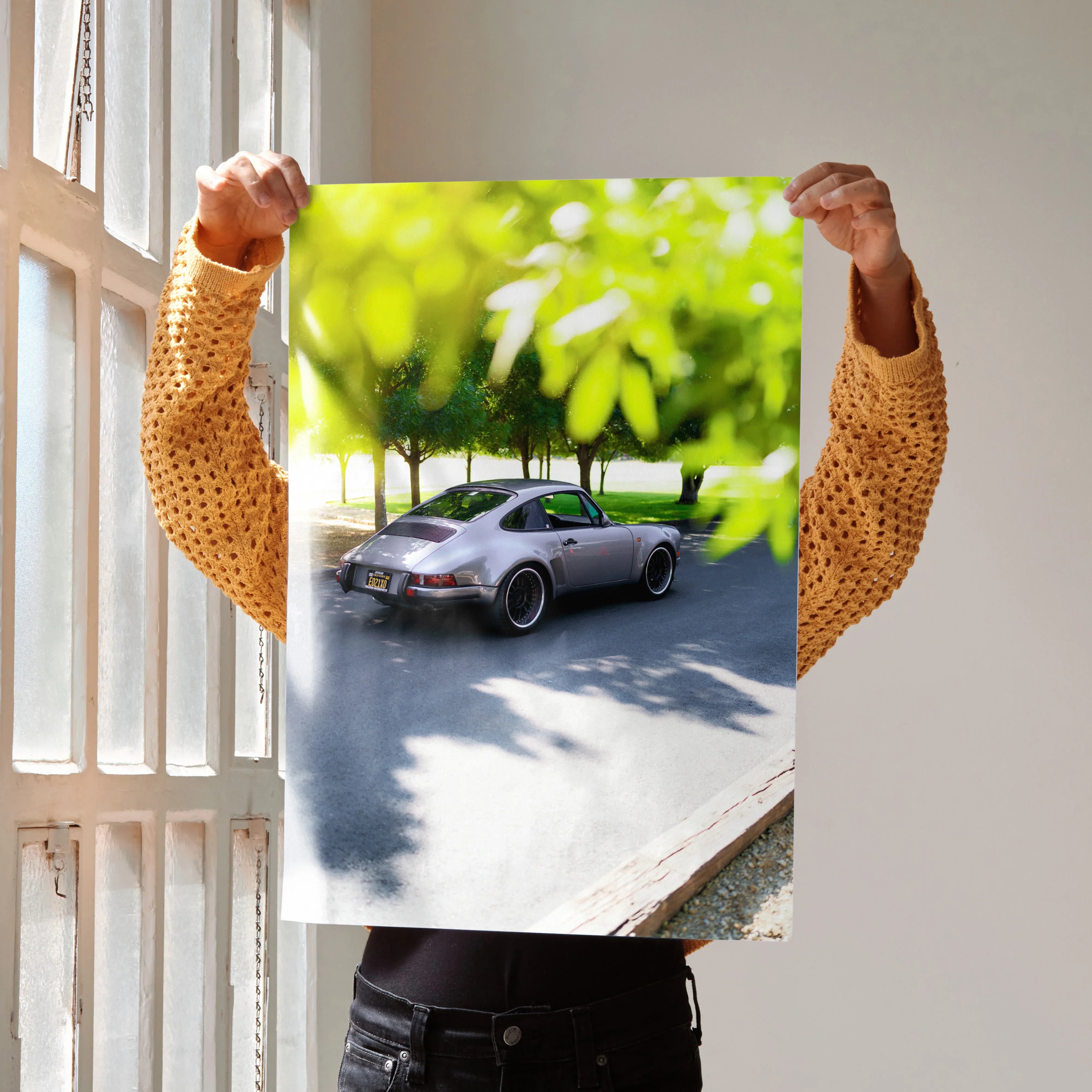 Porsche 911 Classic car poster with vibrant green foliage background, high-resolution wall art.