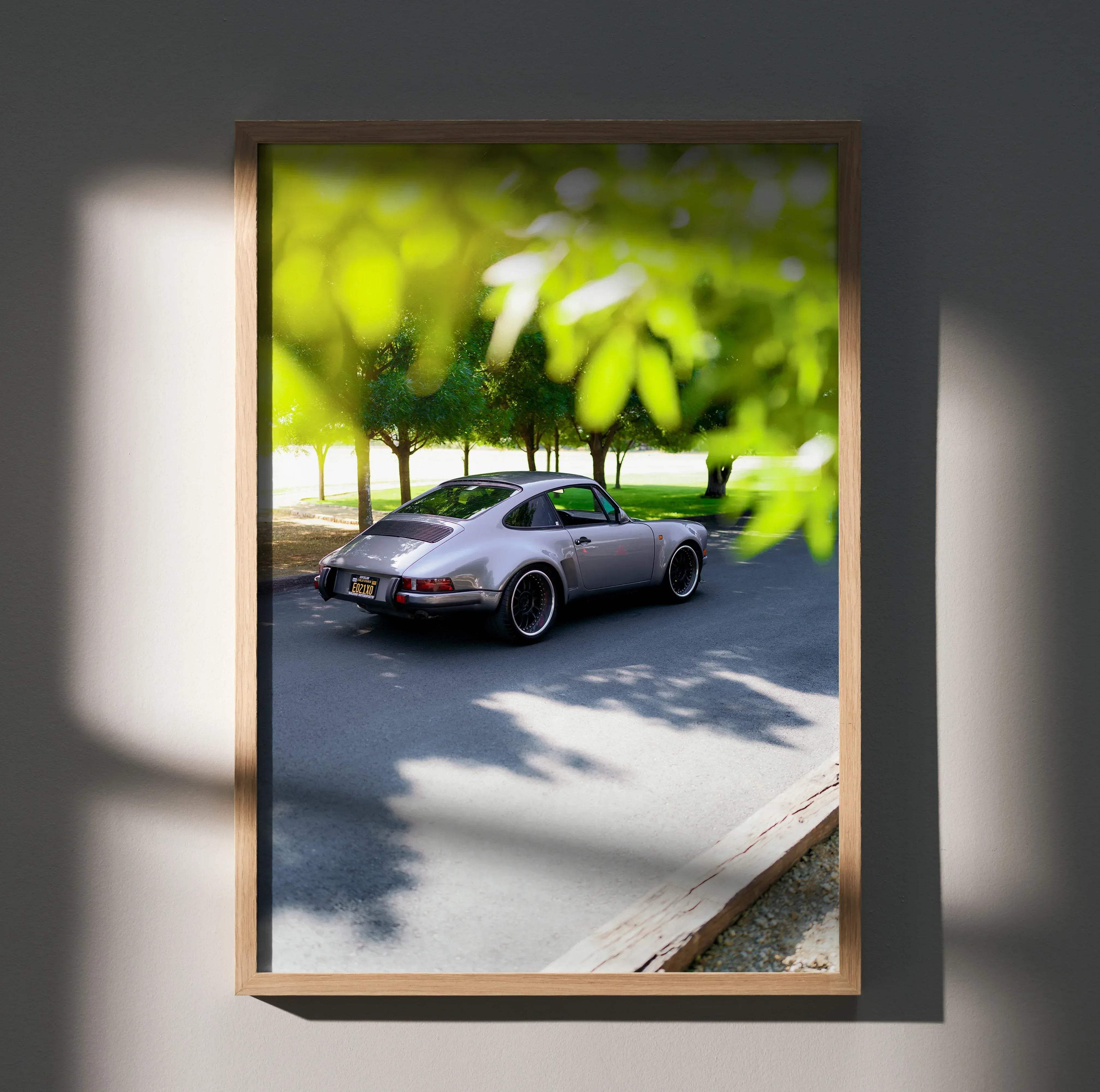 Silver Porsche 911 classic sports car depicted in a framed high resolution photograph with blurred green foliage background