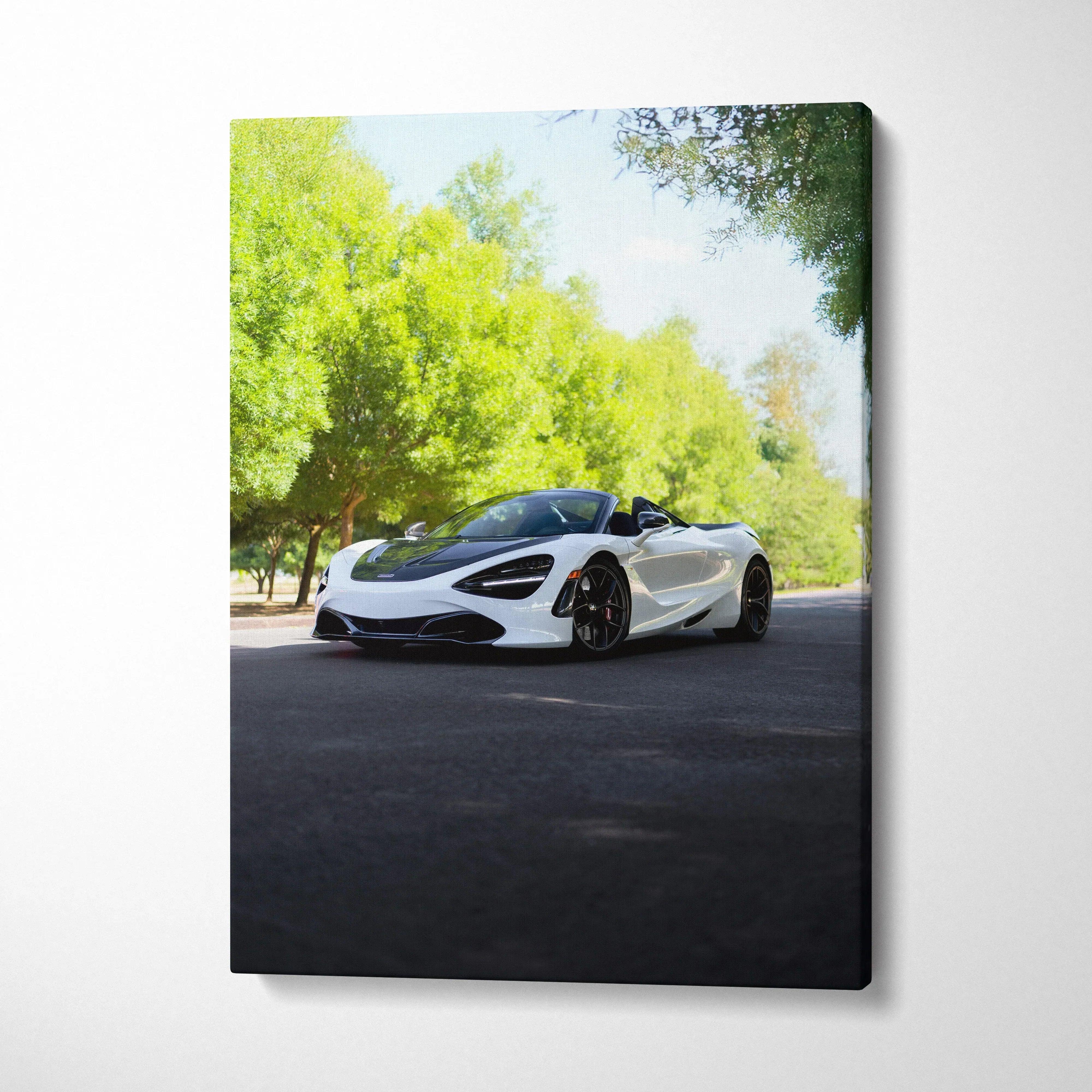White McLaren 720S sports car on black asphalt, high-resolution vertical canvas wall art.