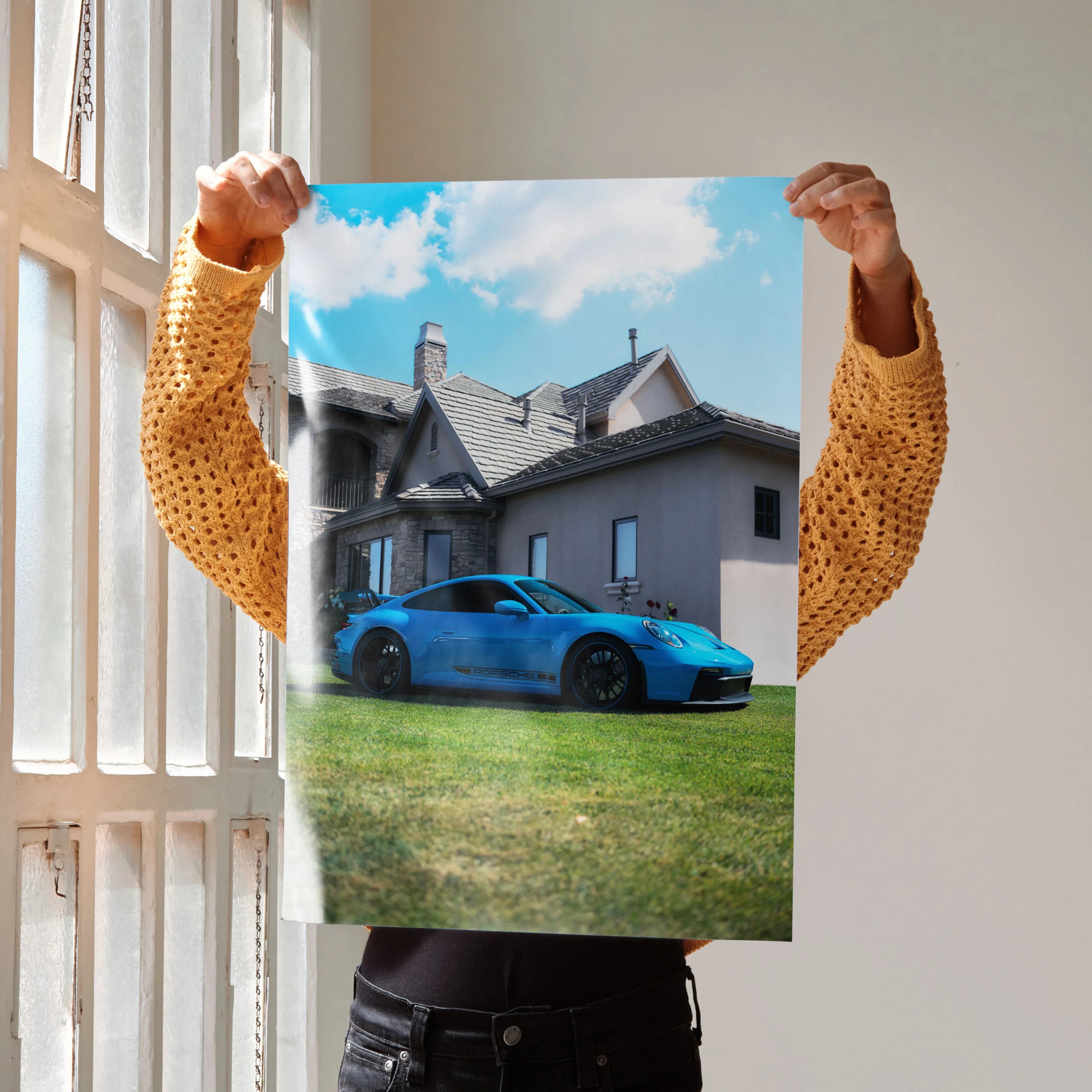 Porsche 911 GT3 blue sports car on grass with house background poster wall art.