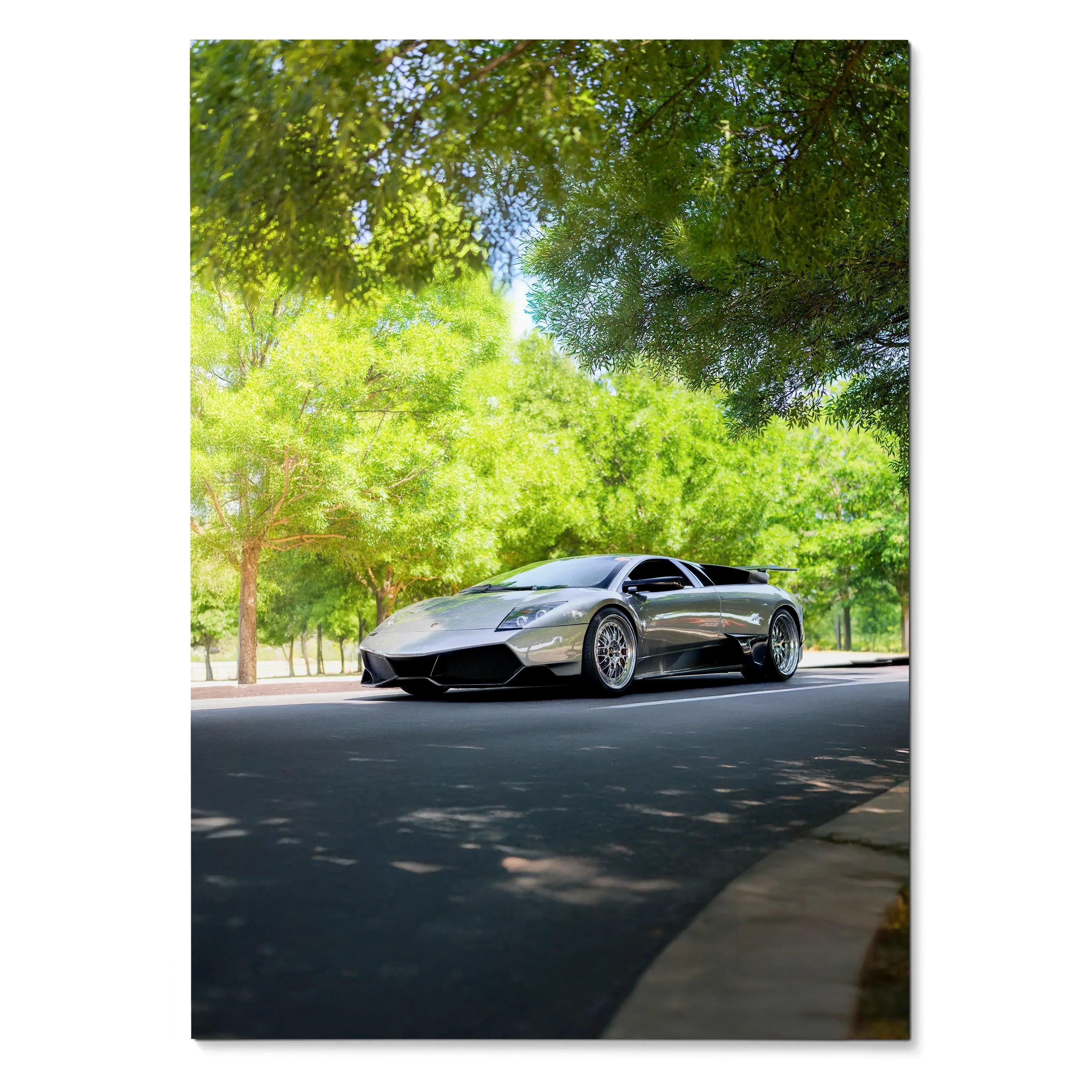 Lamborghini Murcielago parked on curved road under green trees poster wall art.