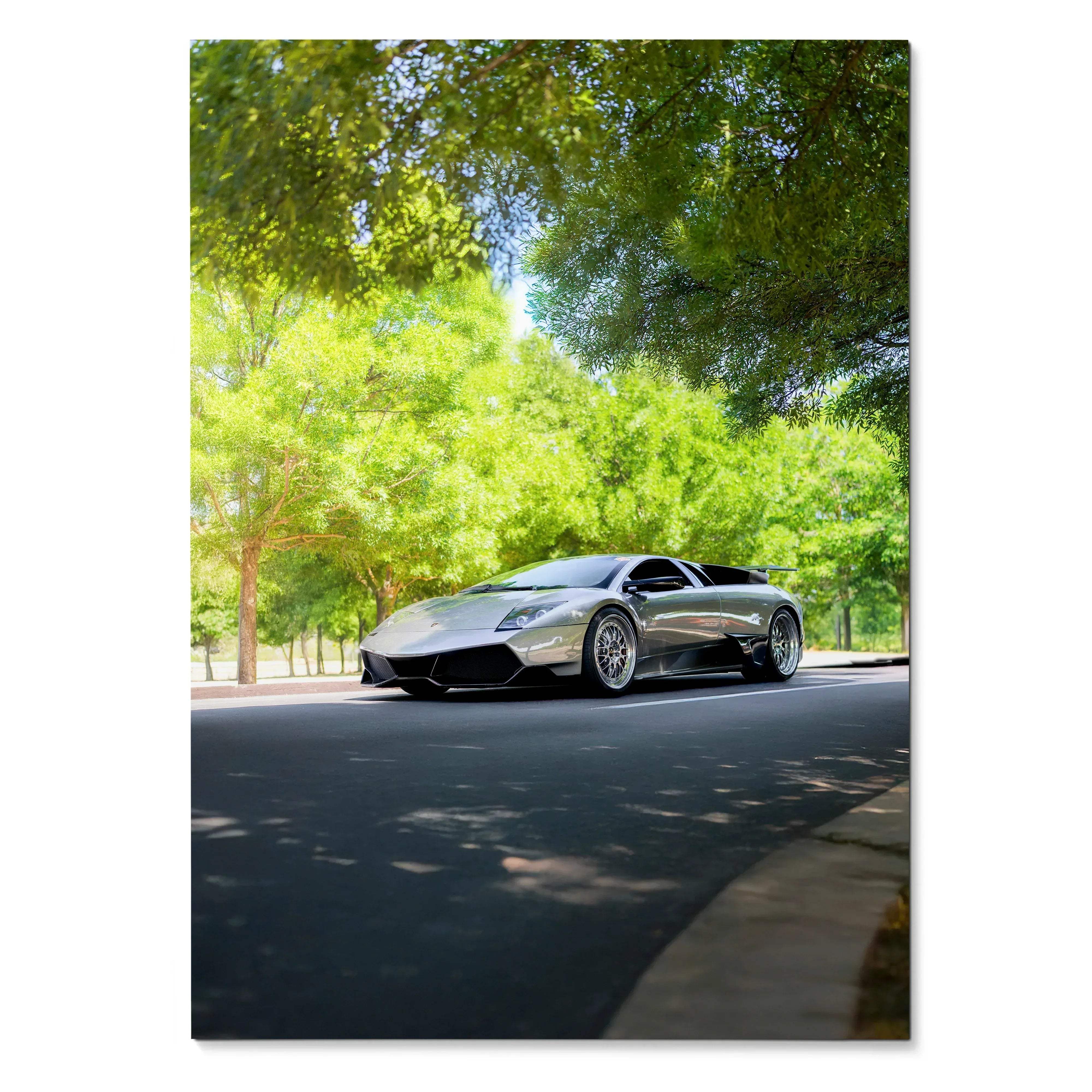 Lamborghini Murcielago parked on curved road under green trees poster wall art.