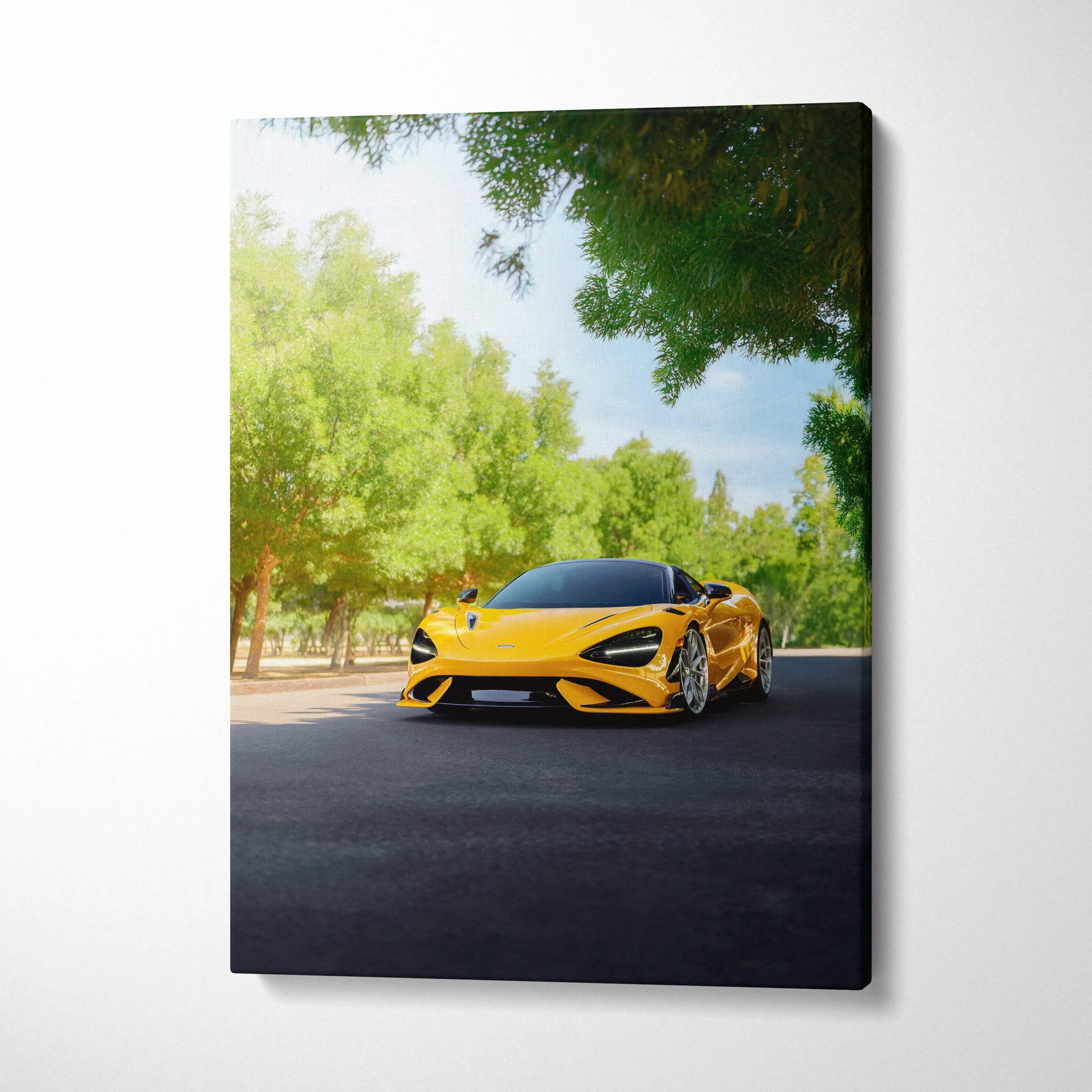 Canvas wall art featuring a vibrant yellow McLaren 720s sports car in automotive photography on green Parkside Road