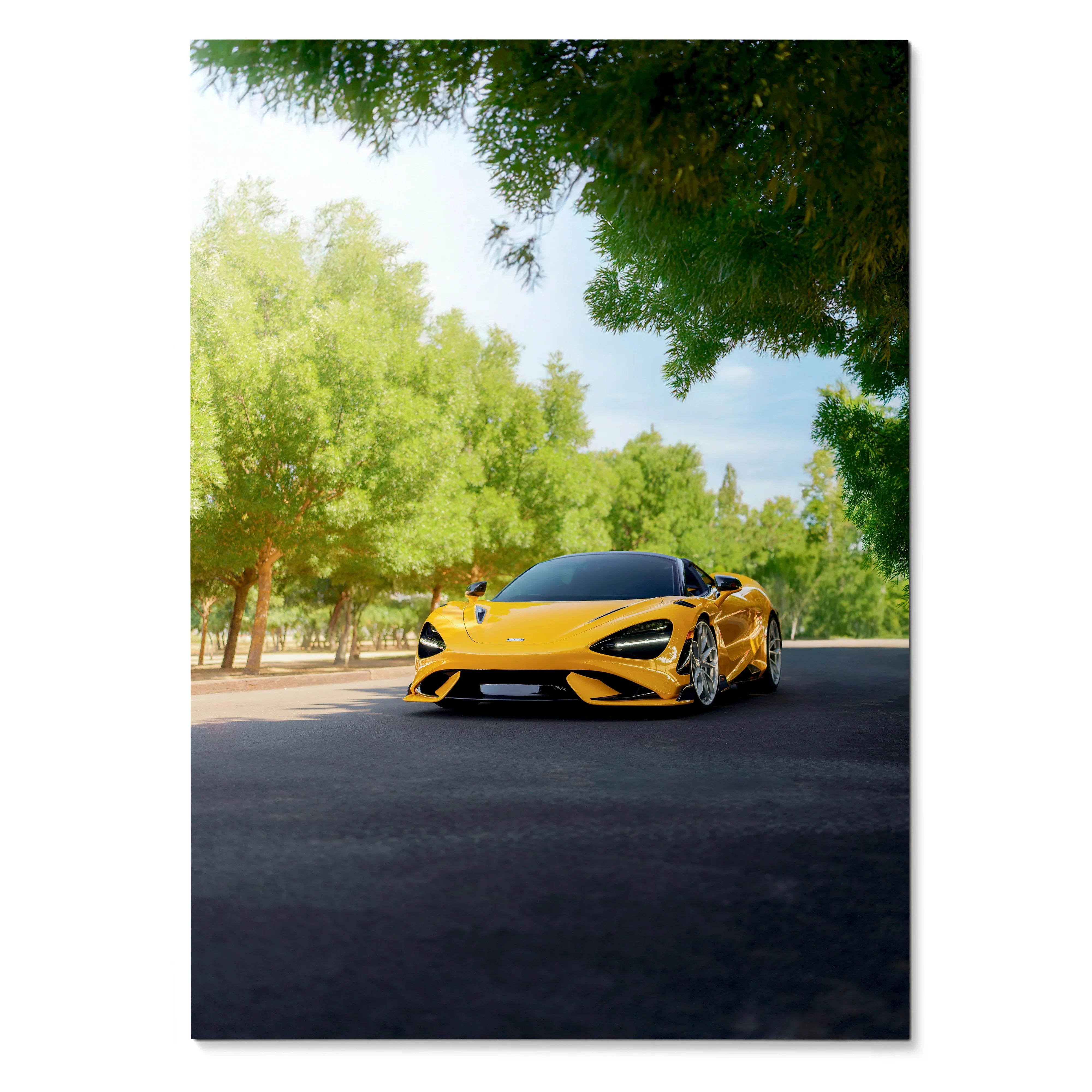 Yellow McLaren 765LT sports car on road under trees poster wall art.