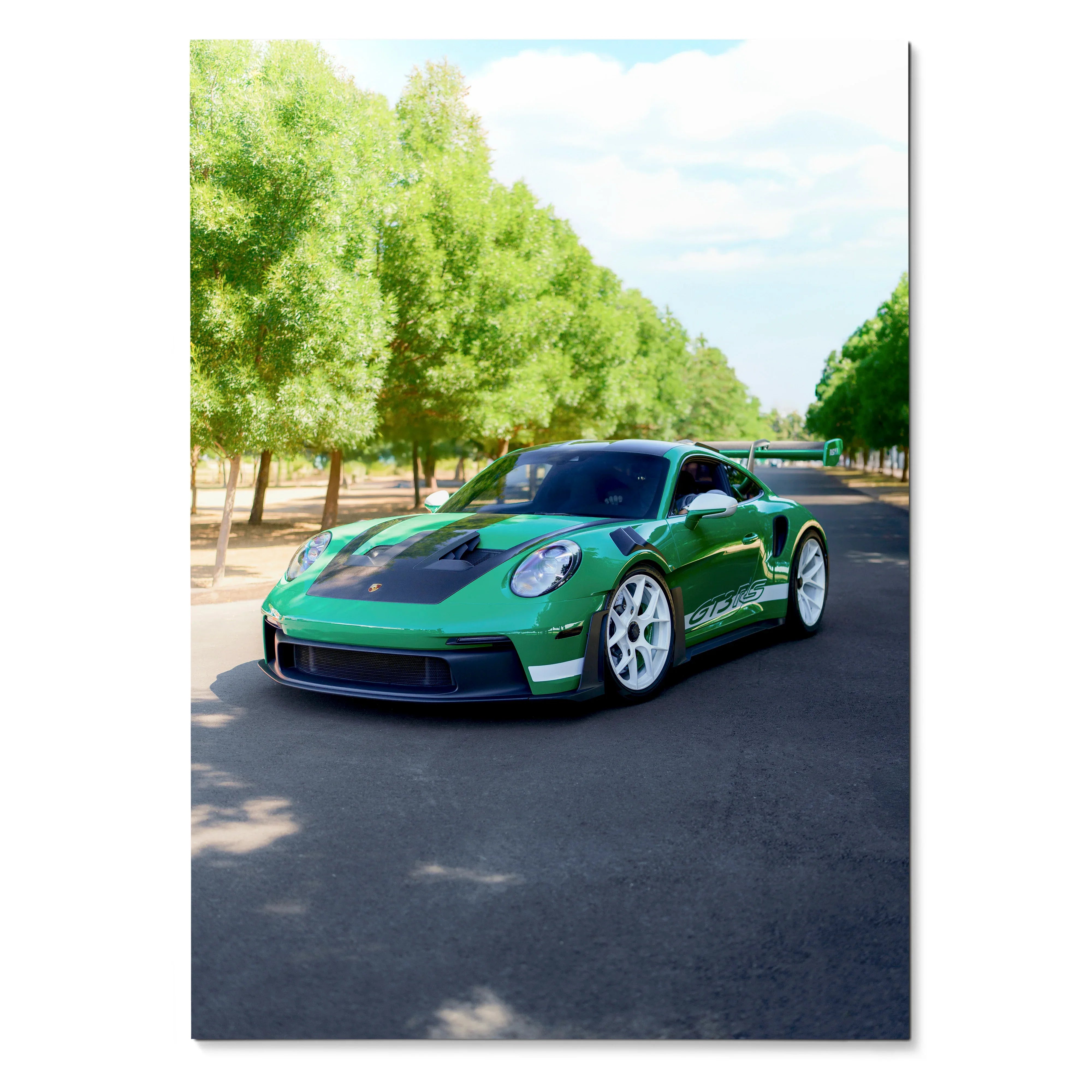 Green Porsche 911 GT3 RS parked on road with trees, automotive poster wall art.