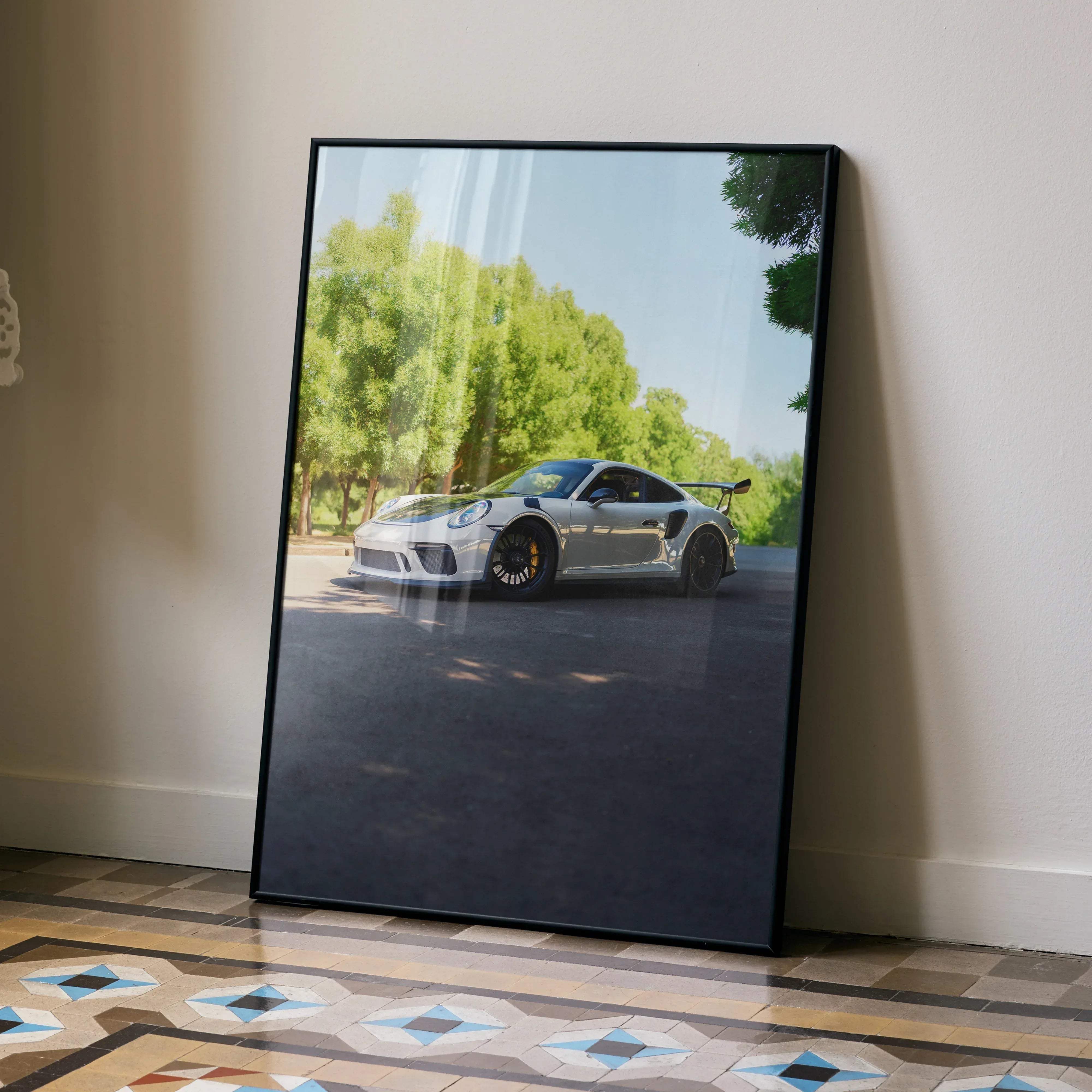 Silver Porsche 911 GT3 sports car depicted in a high resolution framed print with black border poster #004