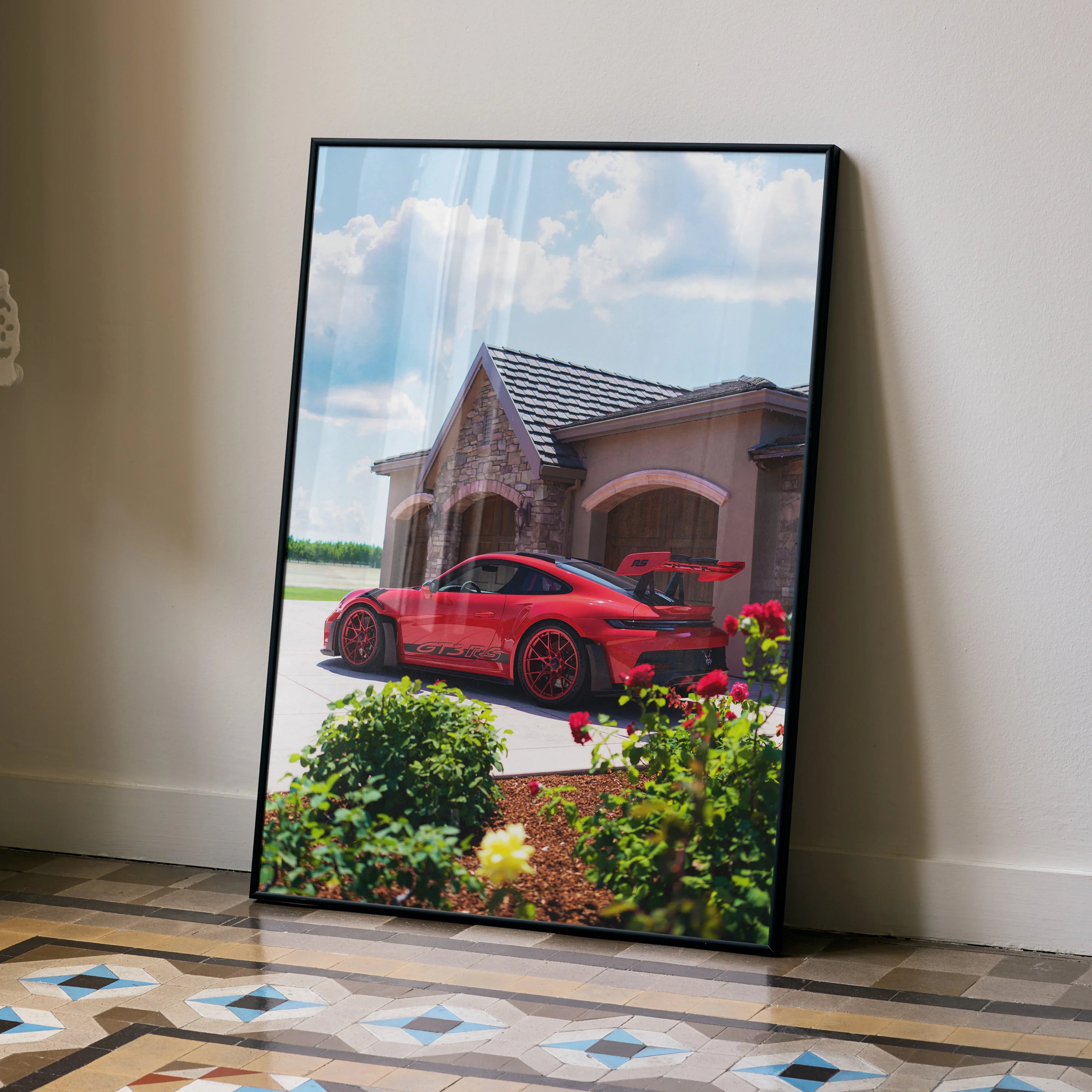 Porsche 911 GT3 RS red sports car poster wall art with house and garden background.