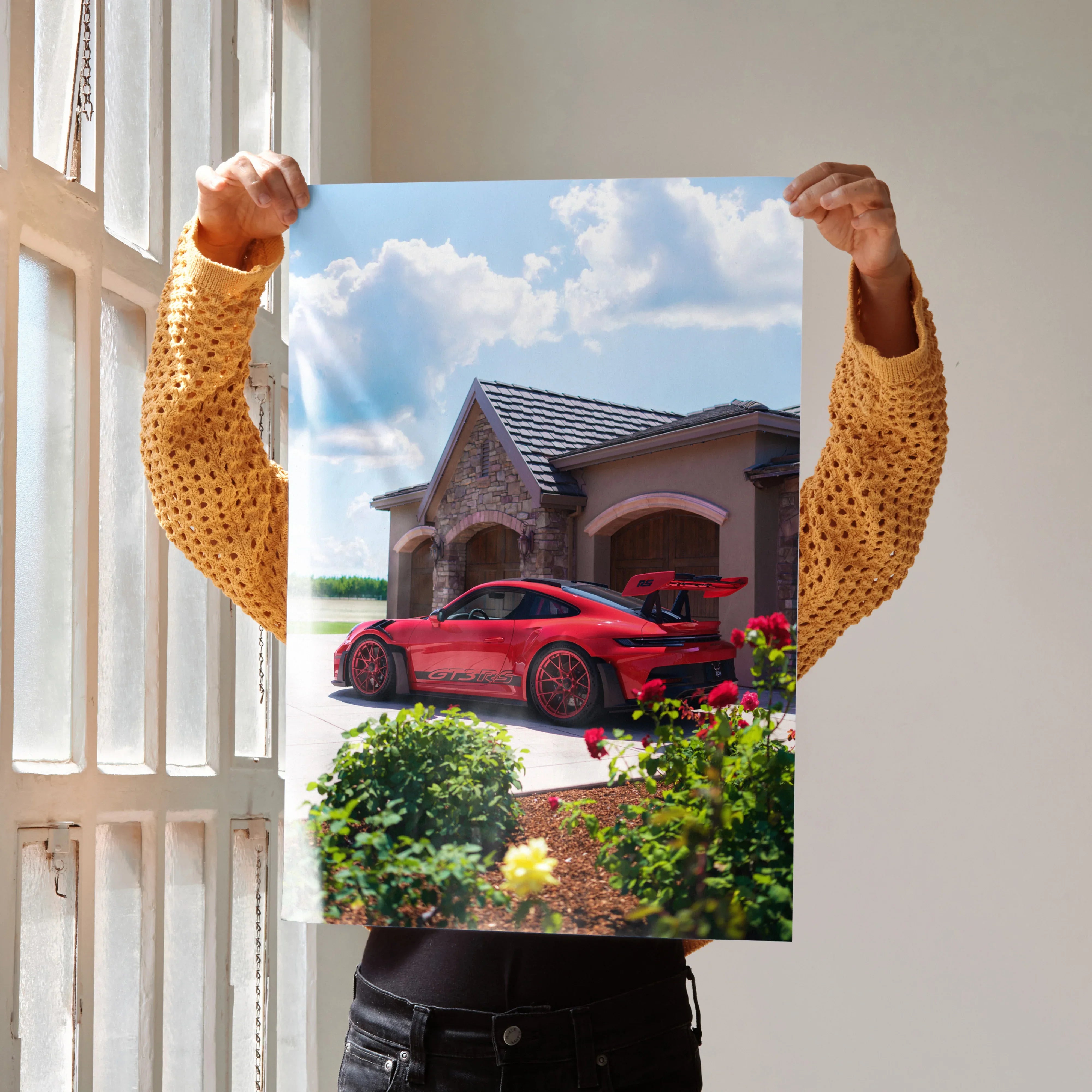 Porsche 911 GT3 RS parked outside rustic house, vibrant red car poster wall art.