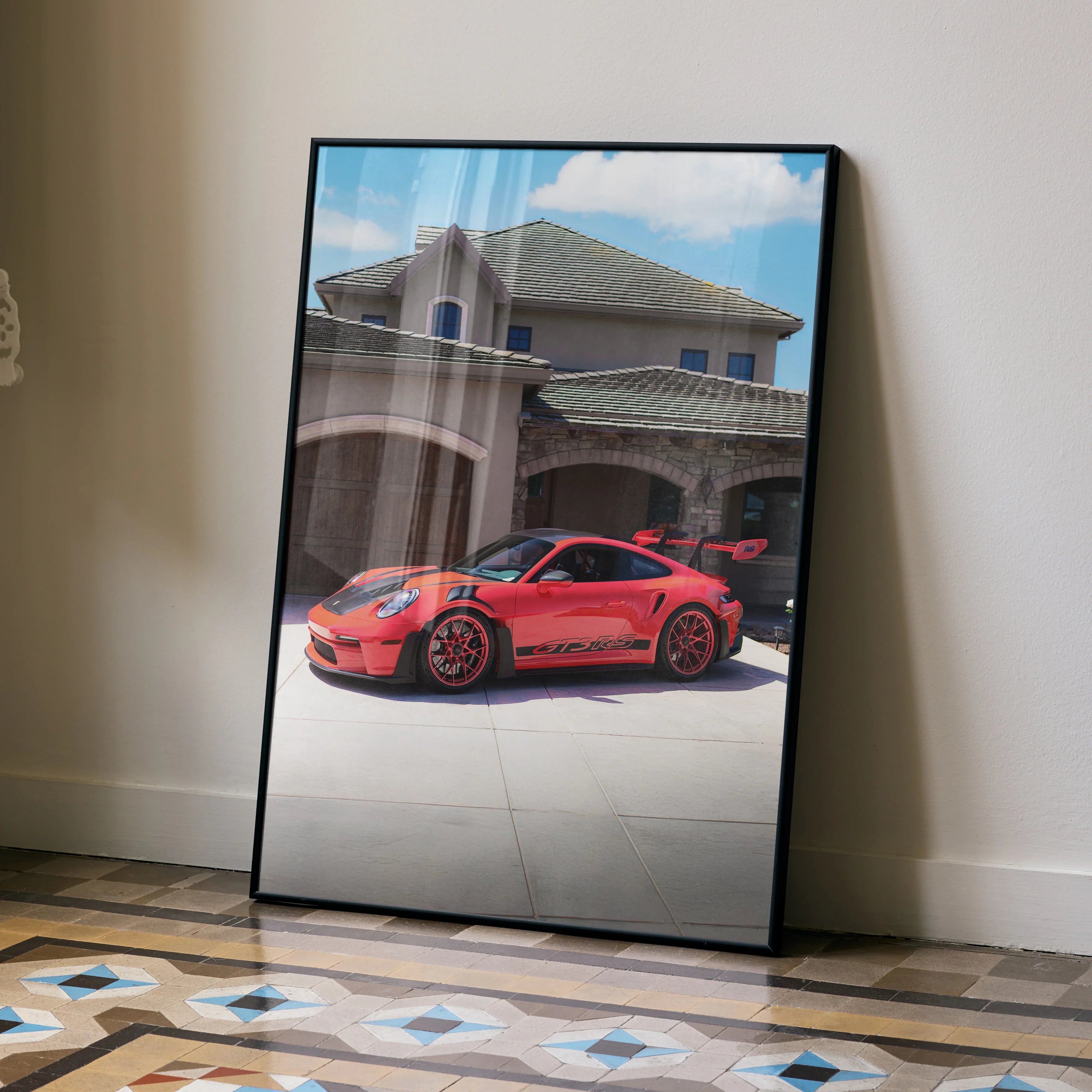 Porsche 911 GT3 RS red sports car poster leaning against wall on tiled floor wall art.