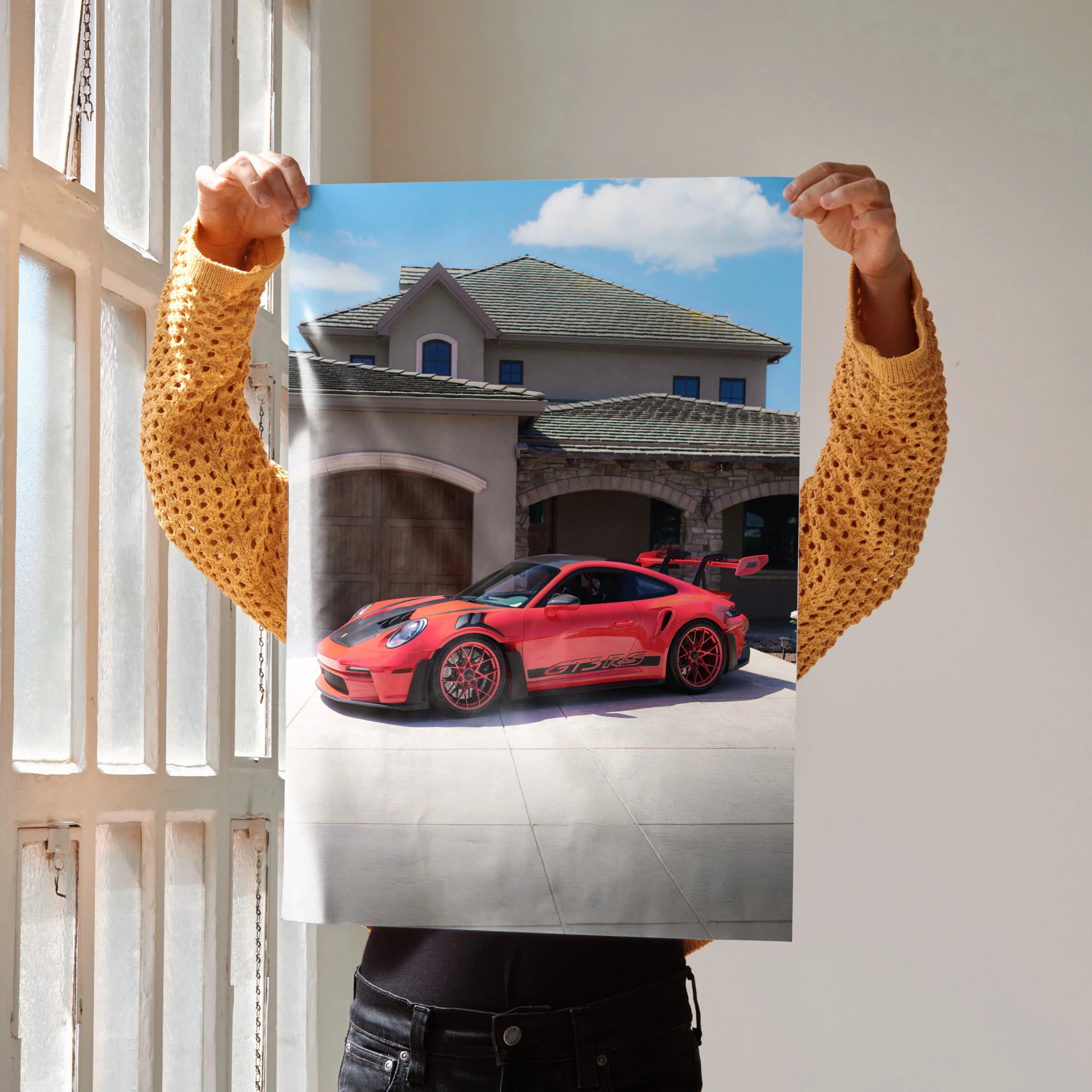 Porsche 911 GT3 RS in red parked in front of modern house poster wall art.