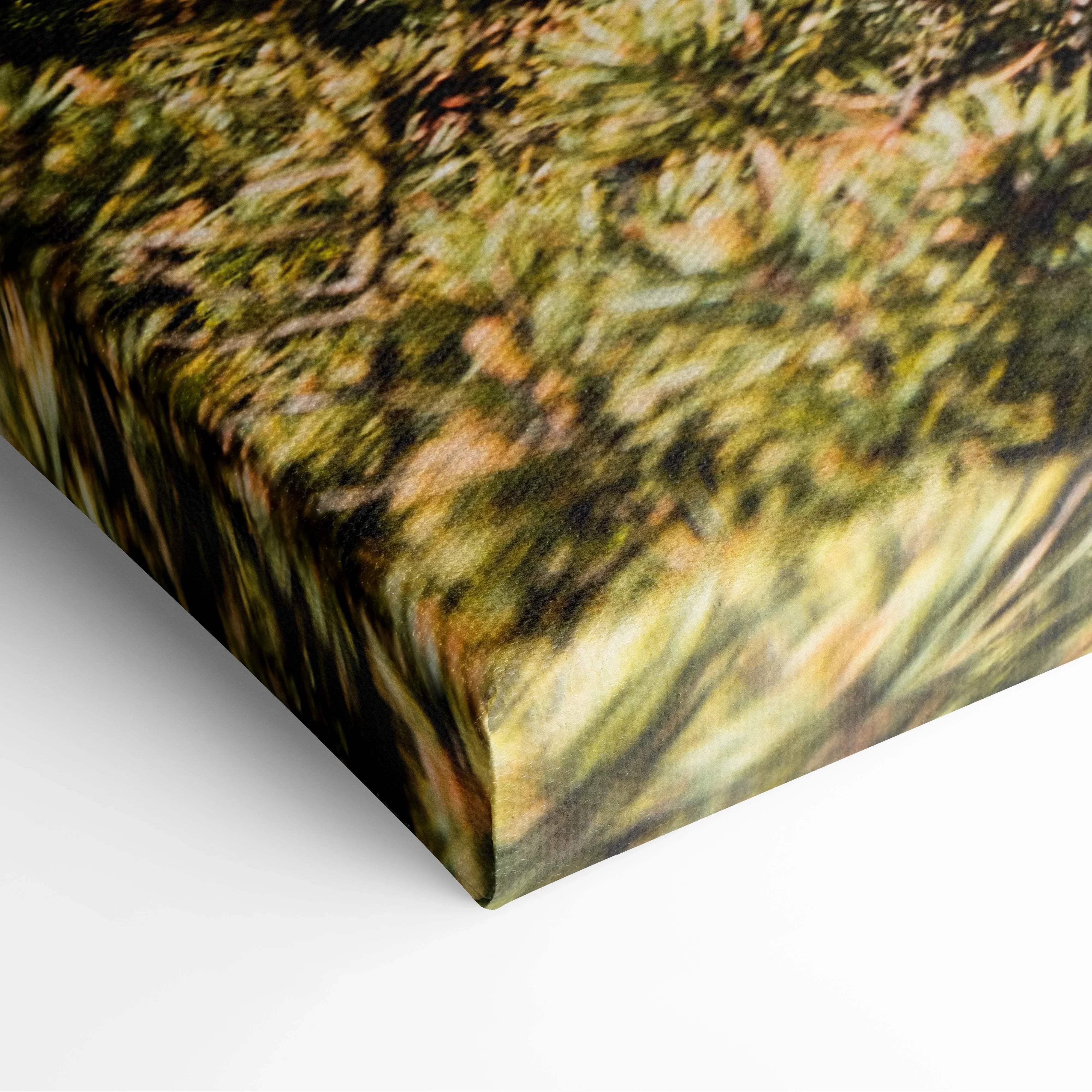 Blurred impressionistic canvas print of lush green forest valleys with river view