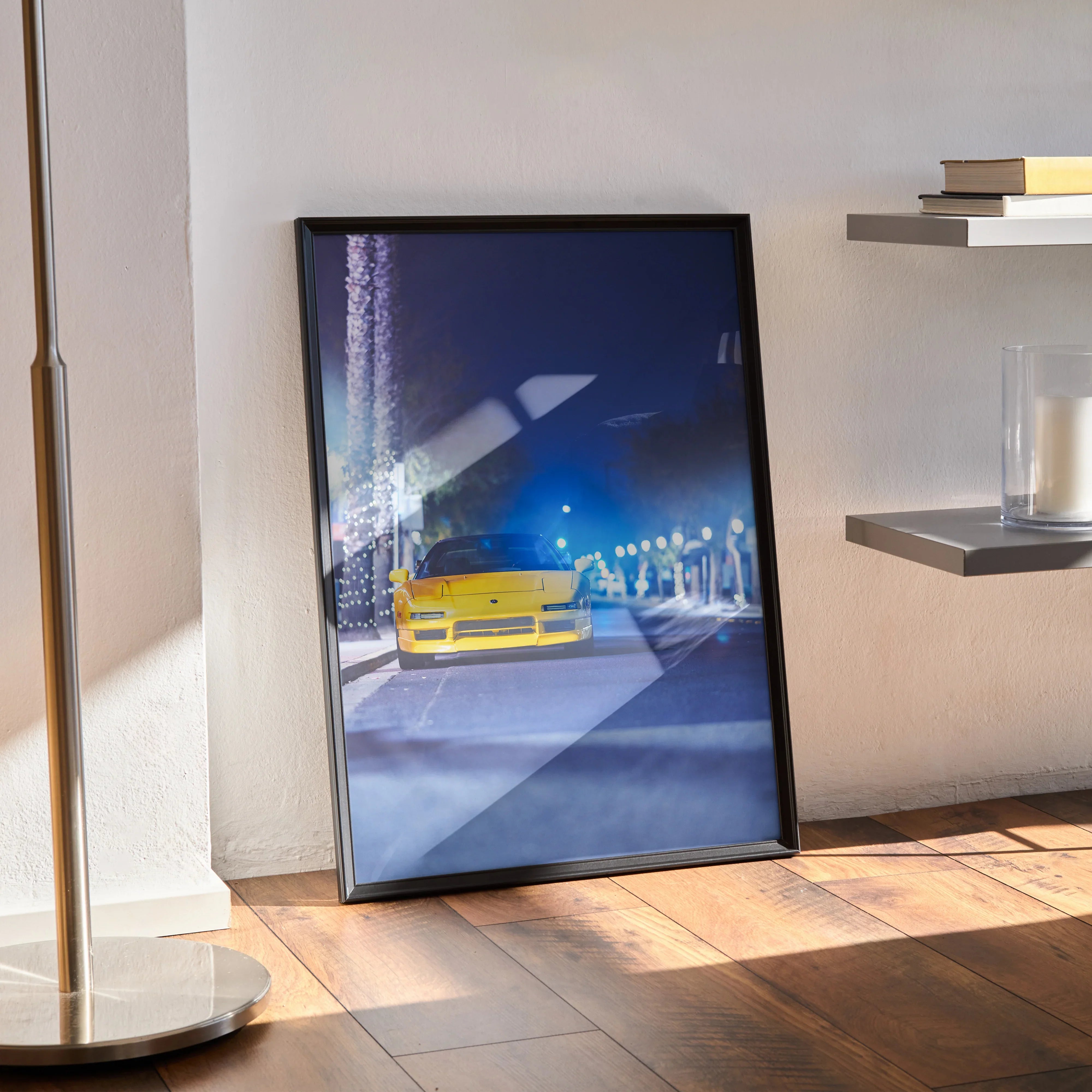 Acura NSX poster wall art with yellow sports car under streetlights in dark urban setting.