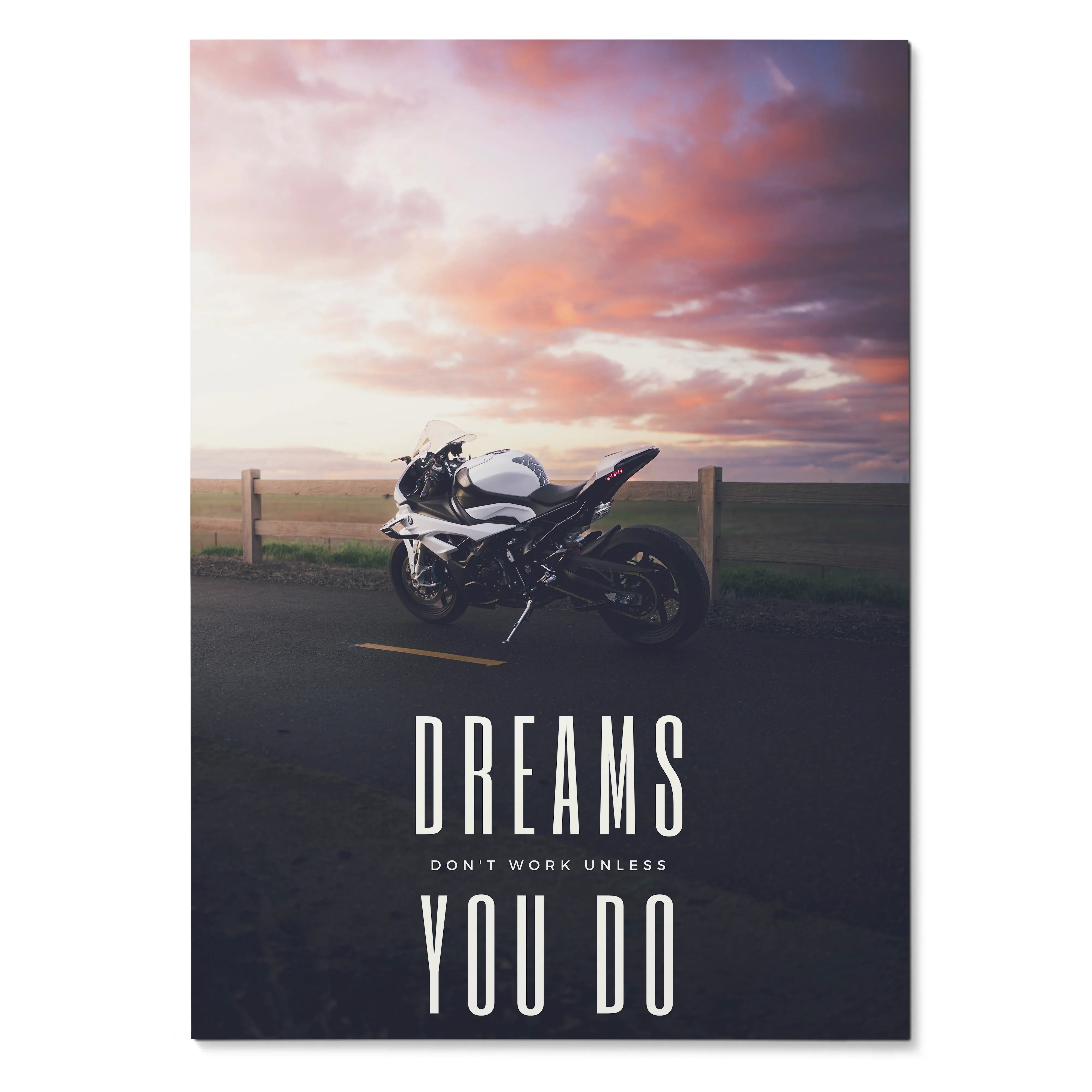 BMW S1000RR motorcycle poster with "Dreams Don't Work Unless You Do" motivational text and sunset background wall art.