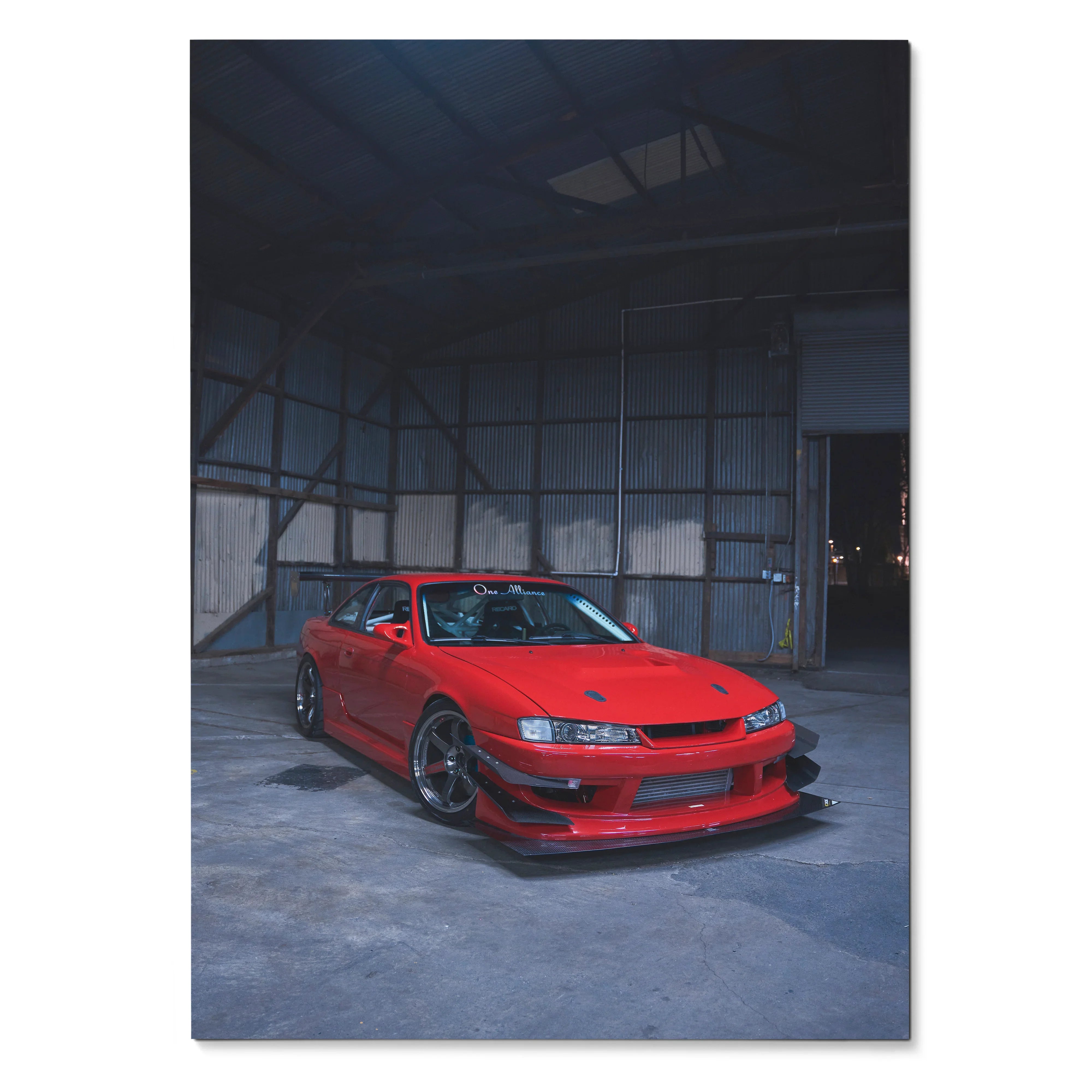 Red Nissan 240sx S14 Kouki sports car in dark industrial garage poster wall art.