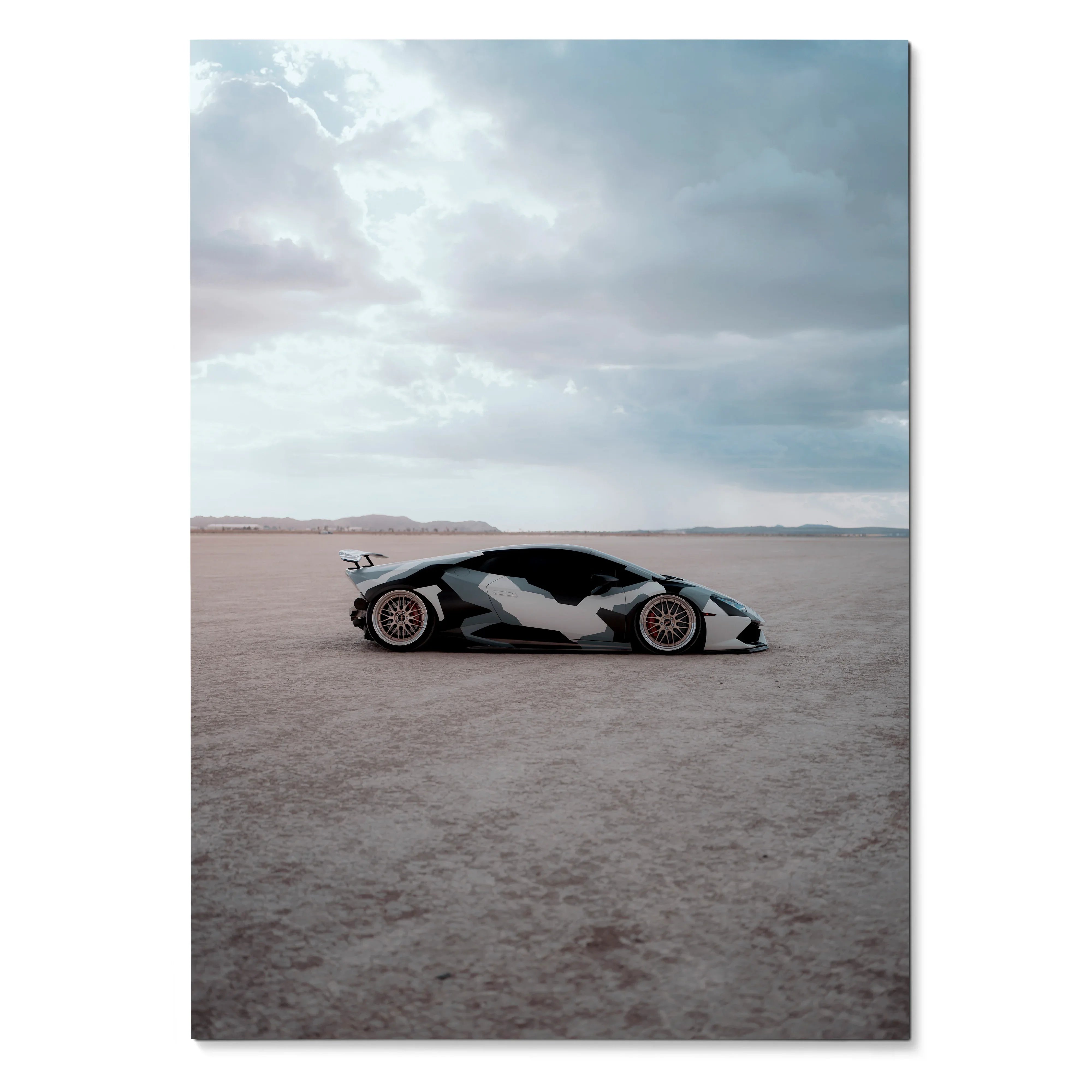 Lamborghini Huracan poster with black and white graphic design on desert background wall art.