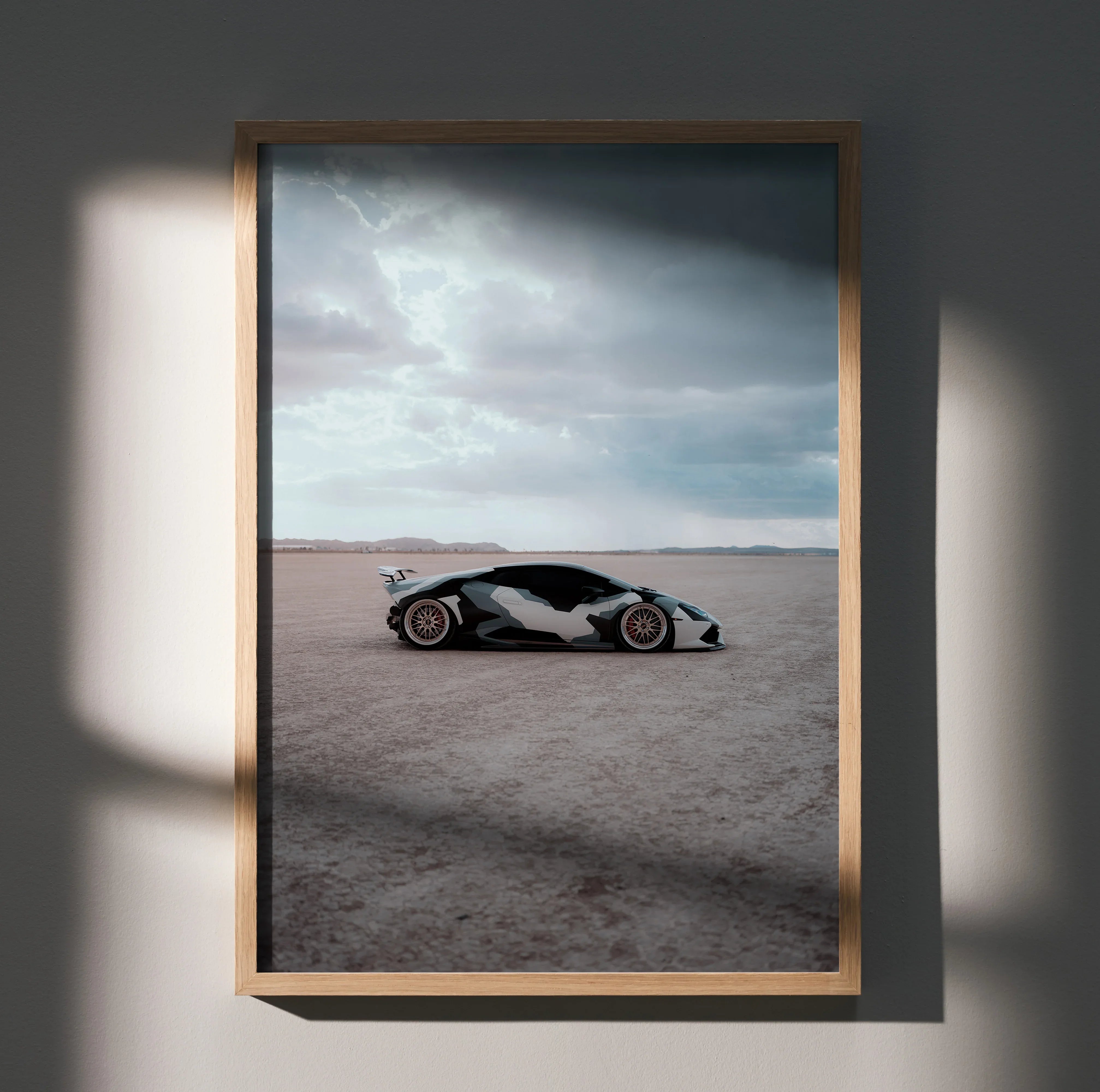 Lamborghini Huracan black and white car poster with desert background wall art.