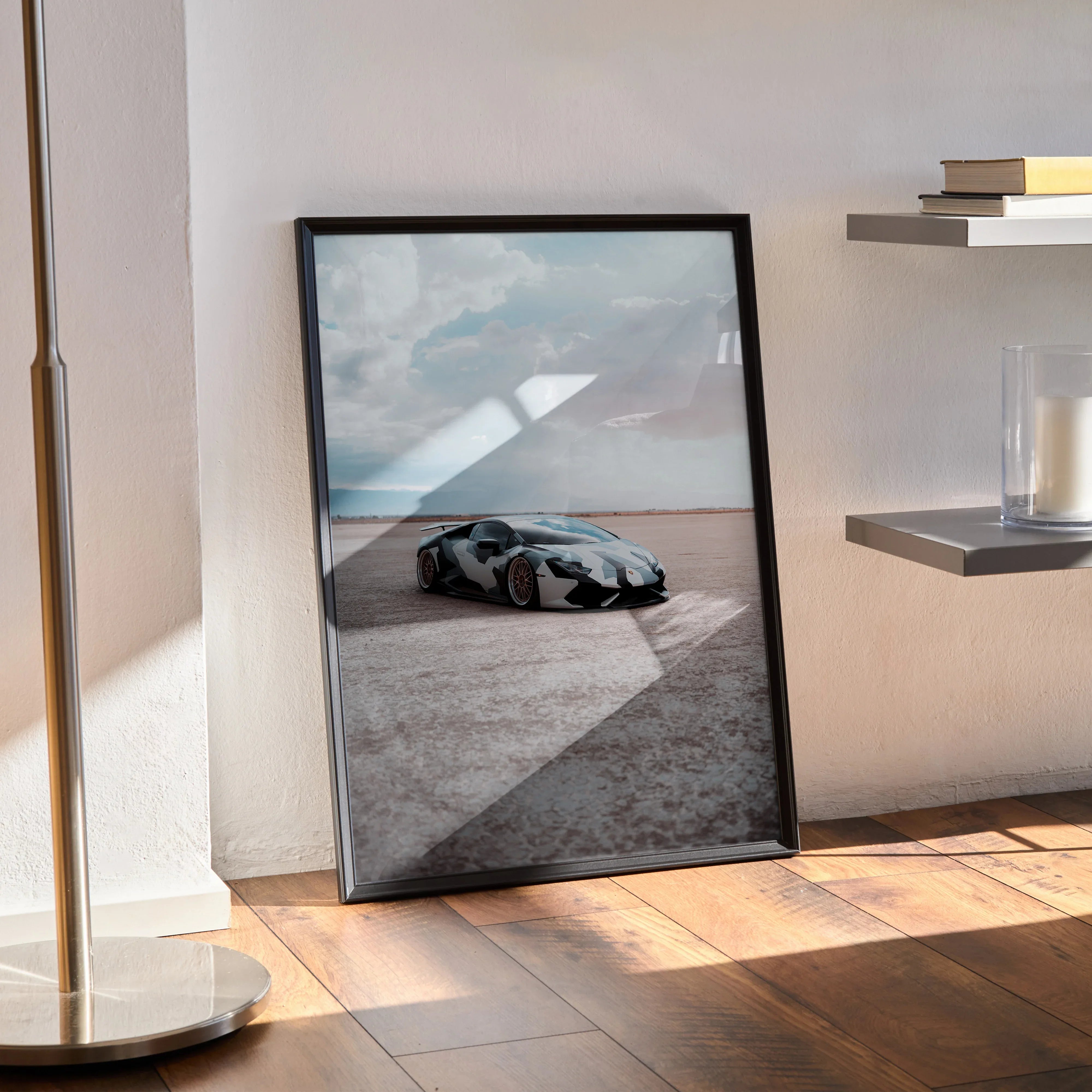 Lamborghini Huracan poster featuring sleek black sports car on desert road, modern wall art.