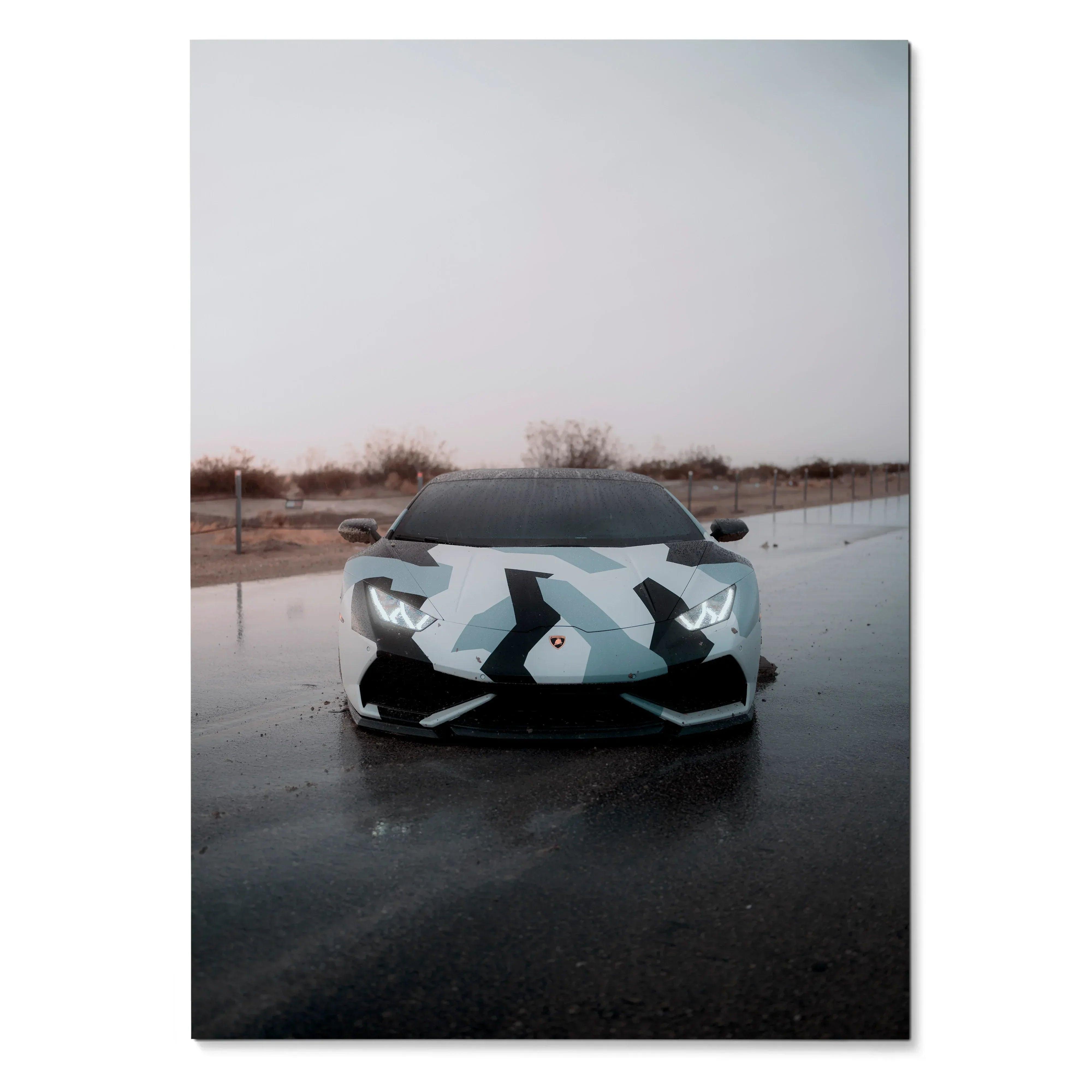 Lamborghini Huracan with geometric camouflage design on wet road poster wall art.