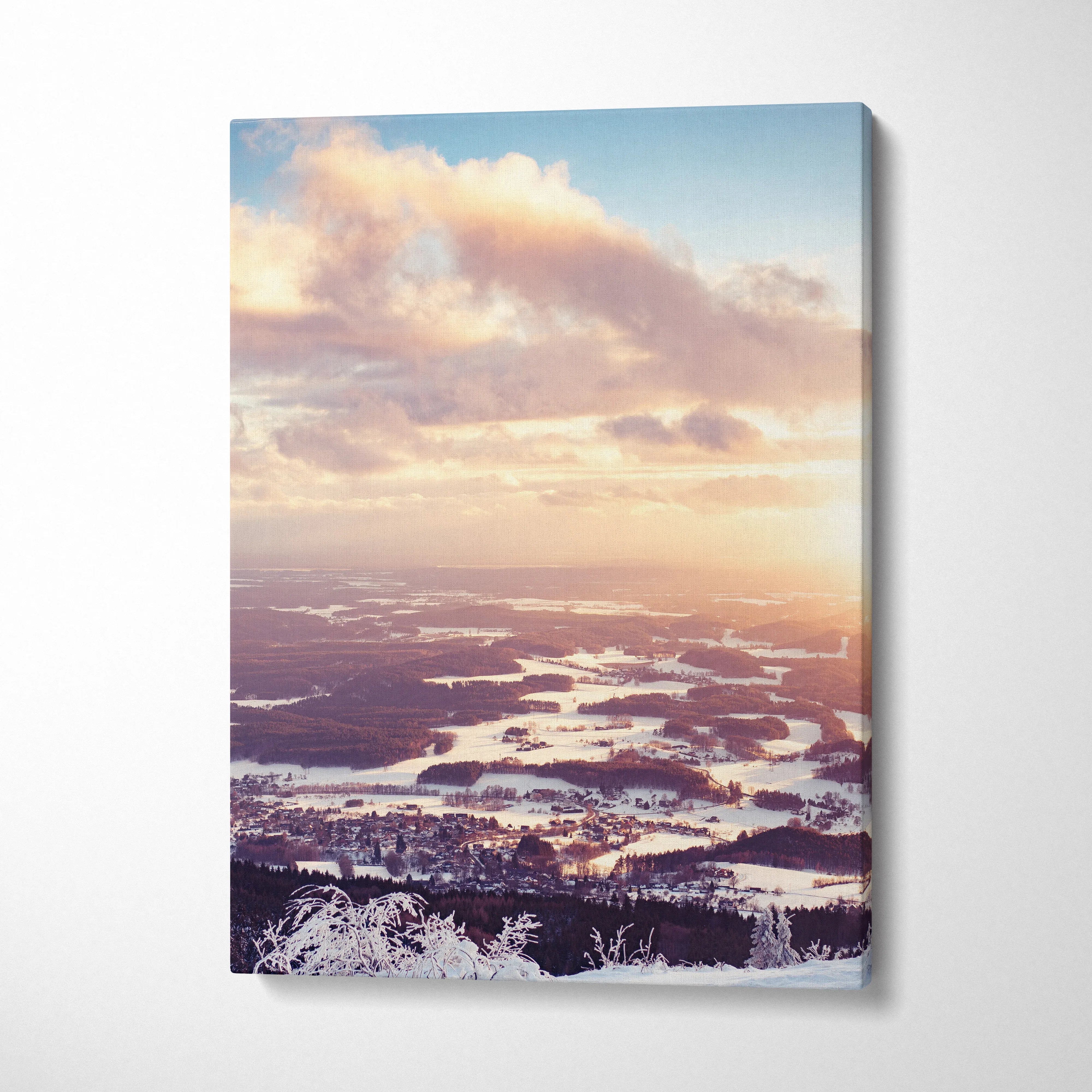 Canvas wall art featuring a snowy landscape at sunset with pastel skies and reflective water decor.