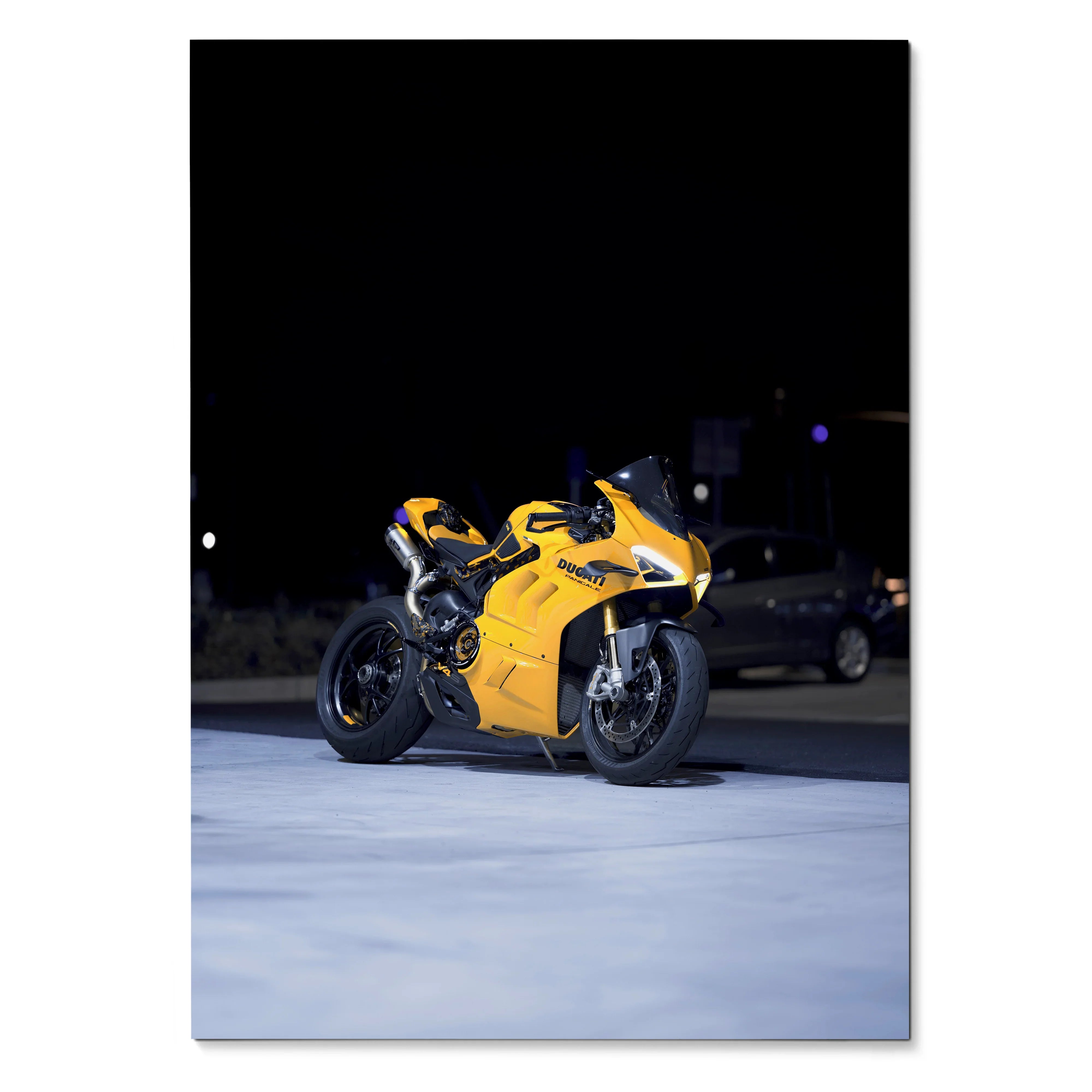 Yellow Ducati Panigale V4S motorcycle on dark background poster wall art.