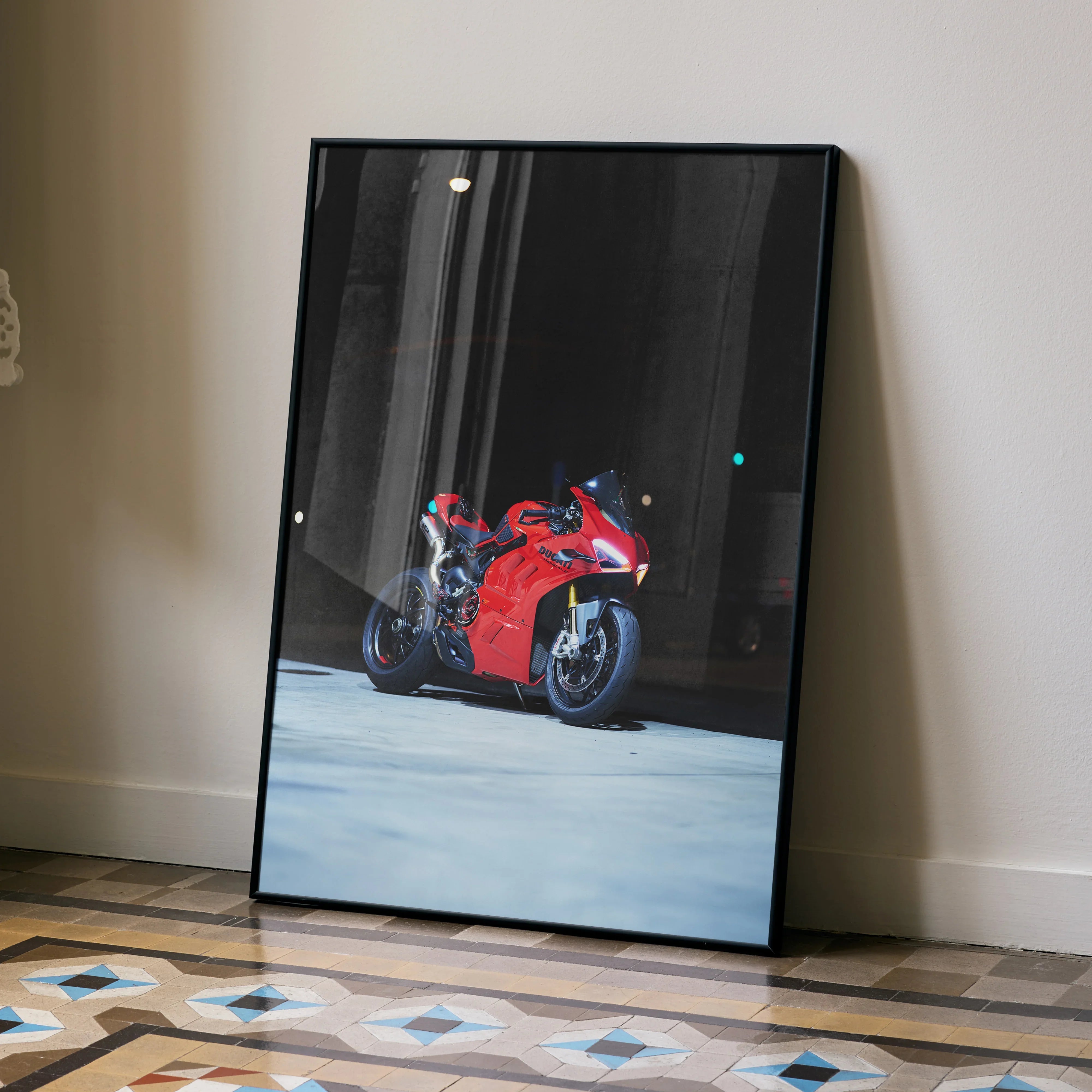 Red Ducati Panigale V4S motorcycle poster leaning against wall, modern wall art.