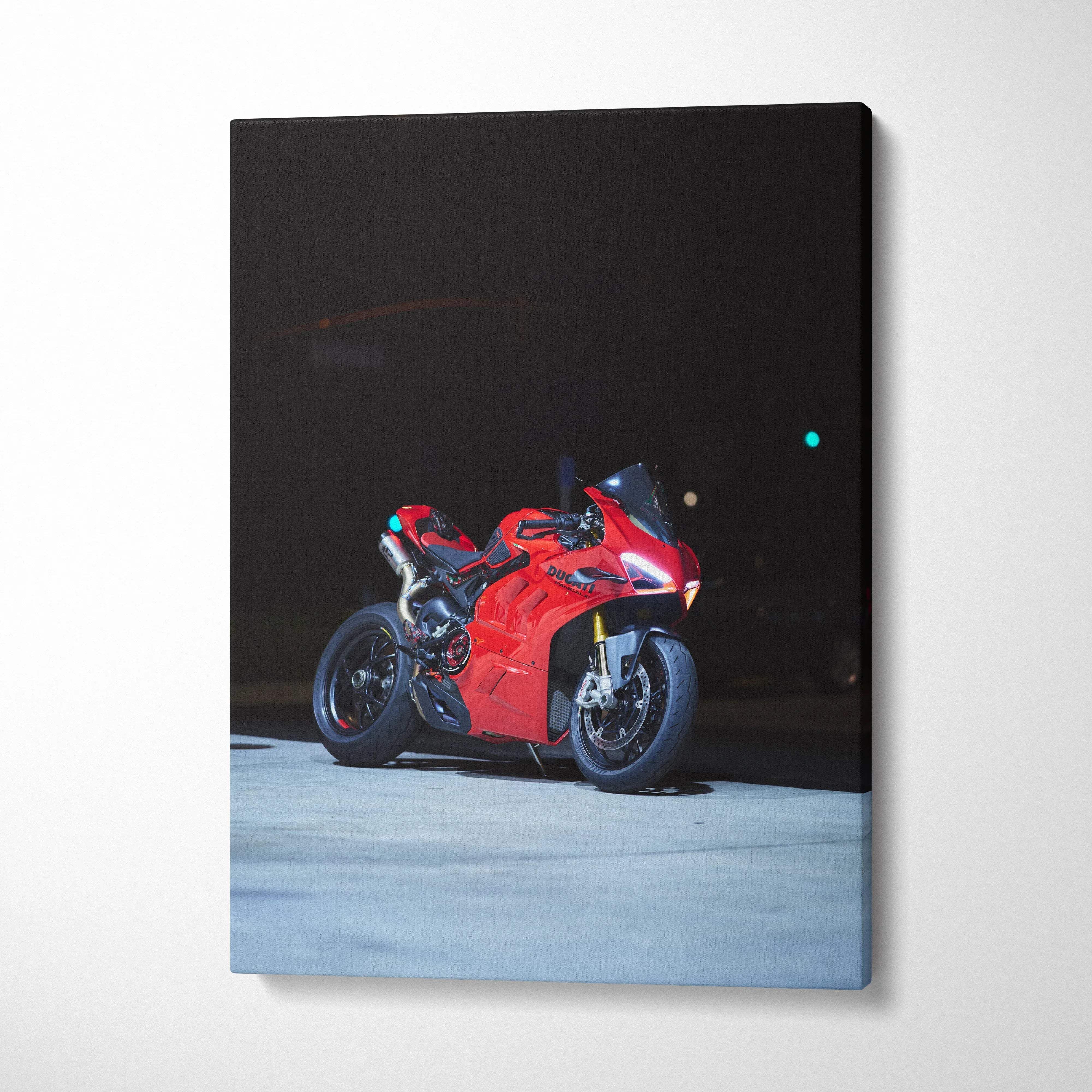 Red Ducati Panigale V4S motorcycle on black background vertical canvas wall art.