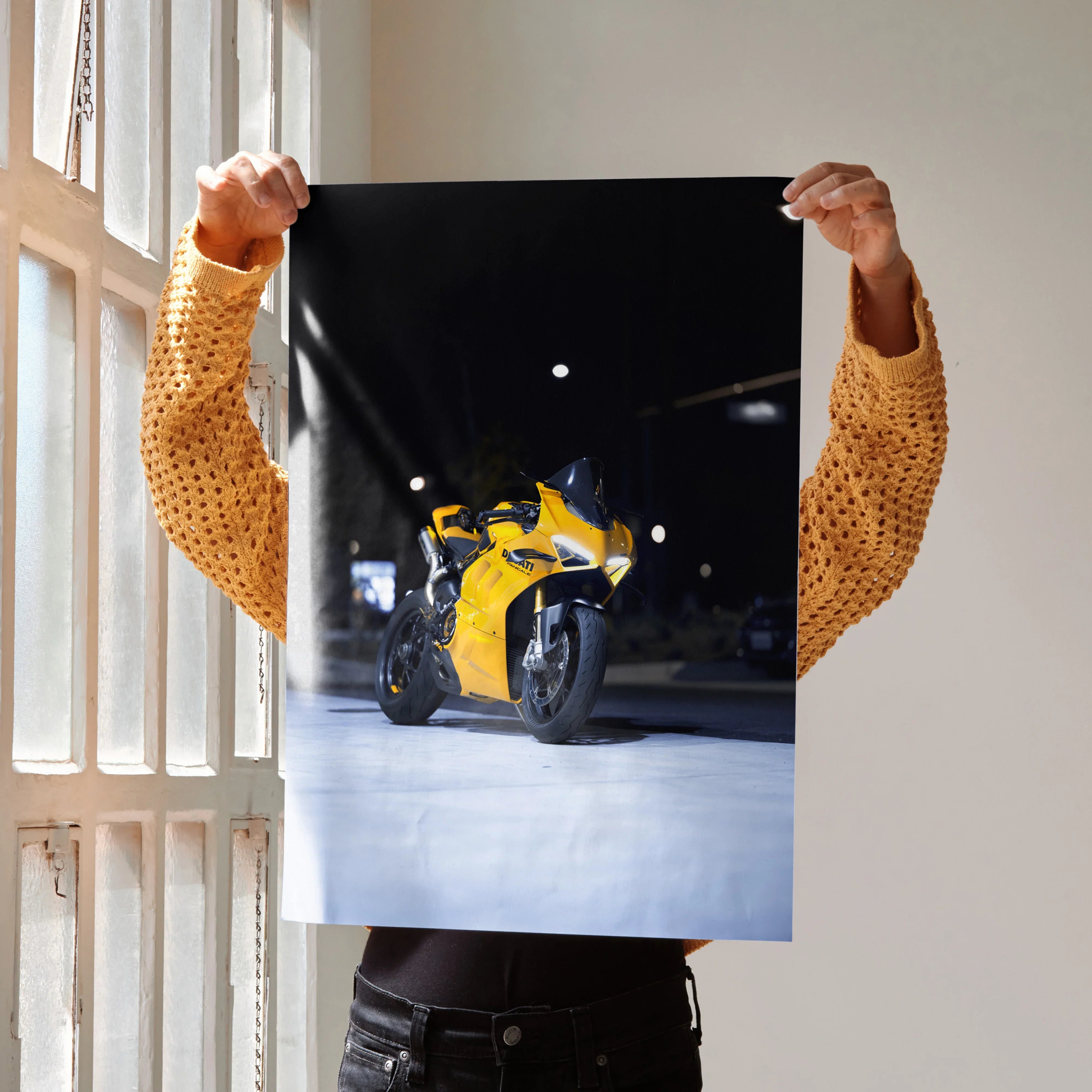 Ducati Panigale V4S yellow motorcycle poster with dark background, premium wall art for enthusiasts.