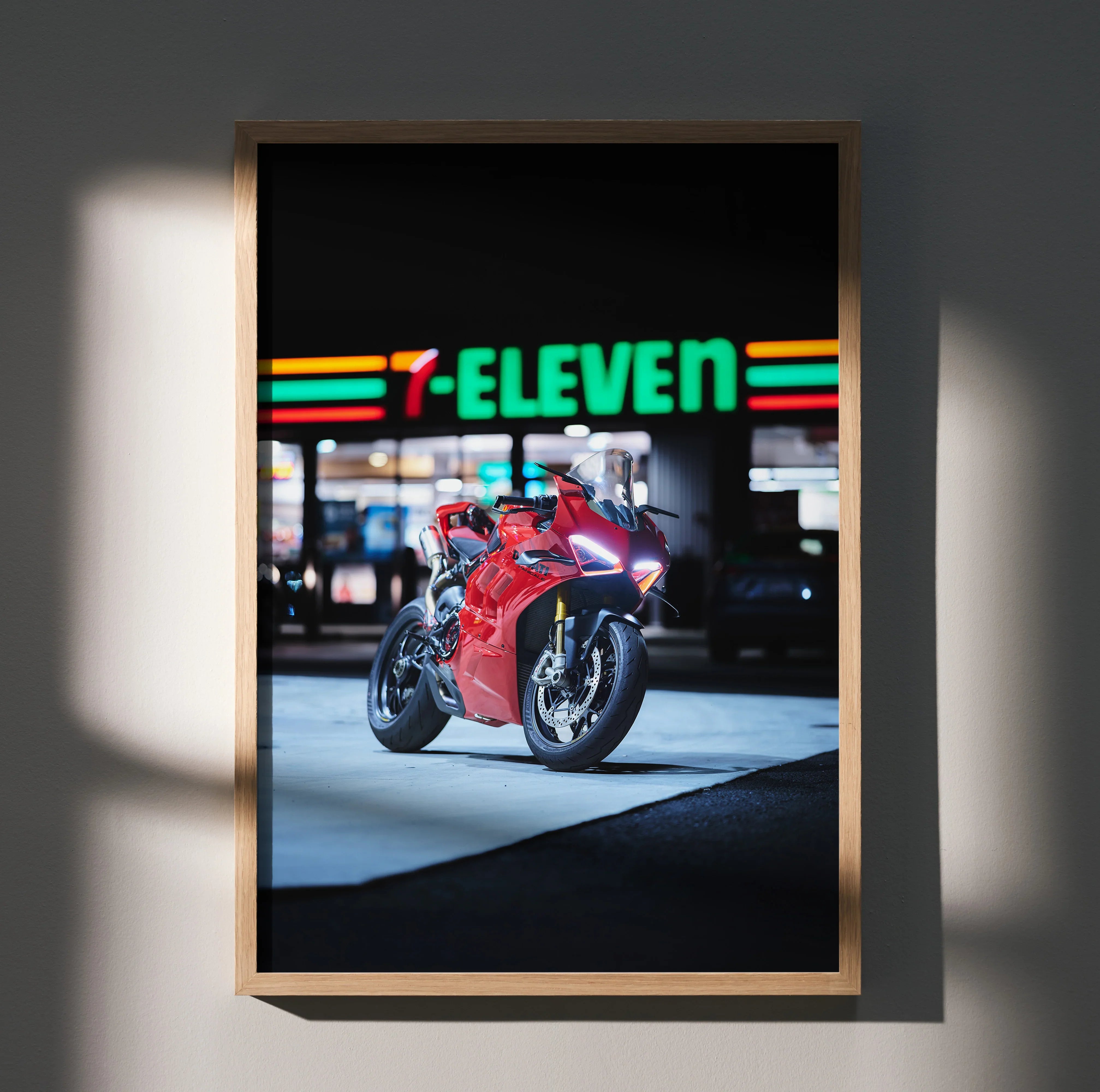 Ducati Panigale V4S motorcycle poster with 7-Eleven neon sign in background, wall art print.