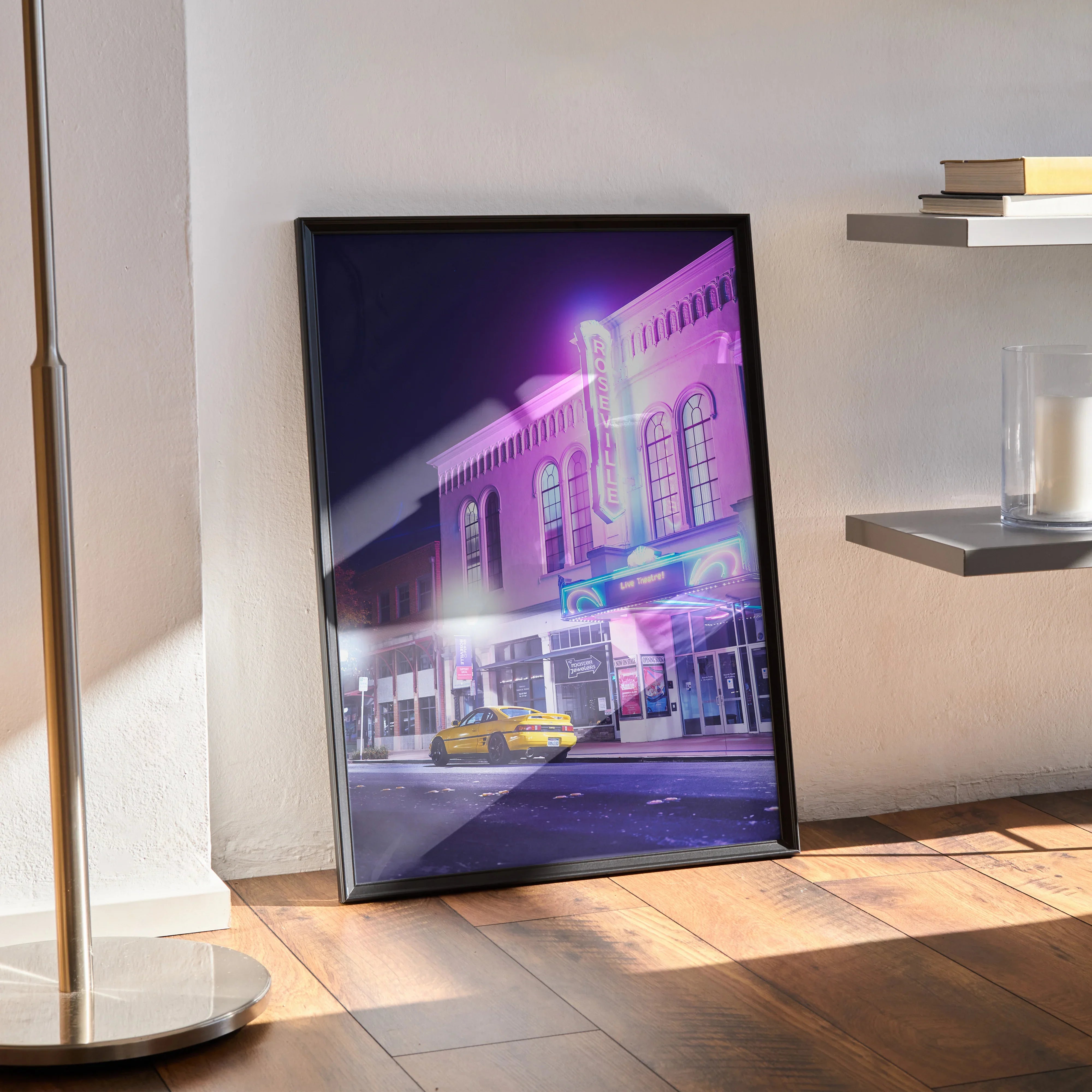 Toyota MR2 classic car poster with neon-lit urban night scene framed wall art.