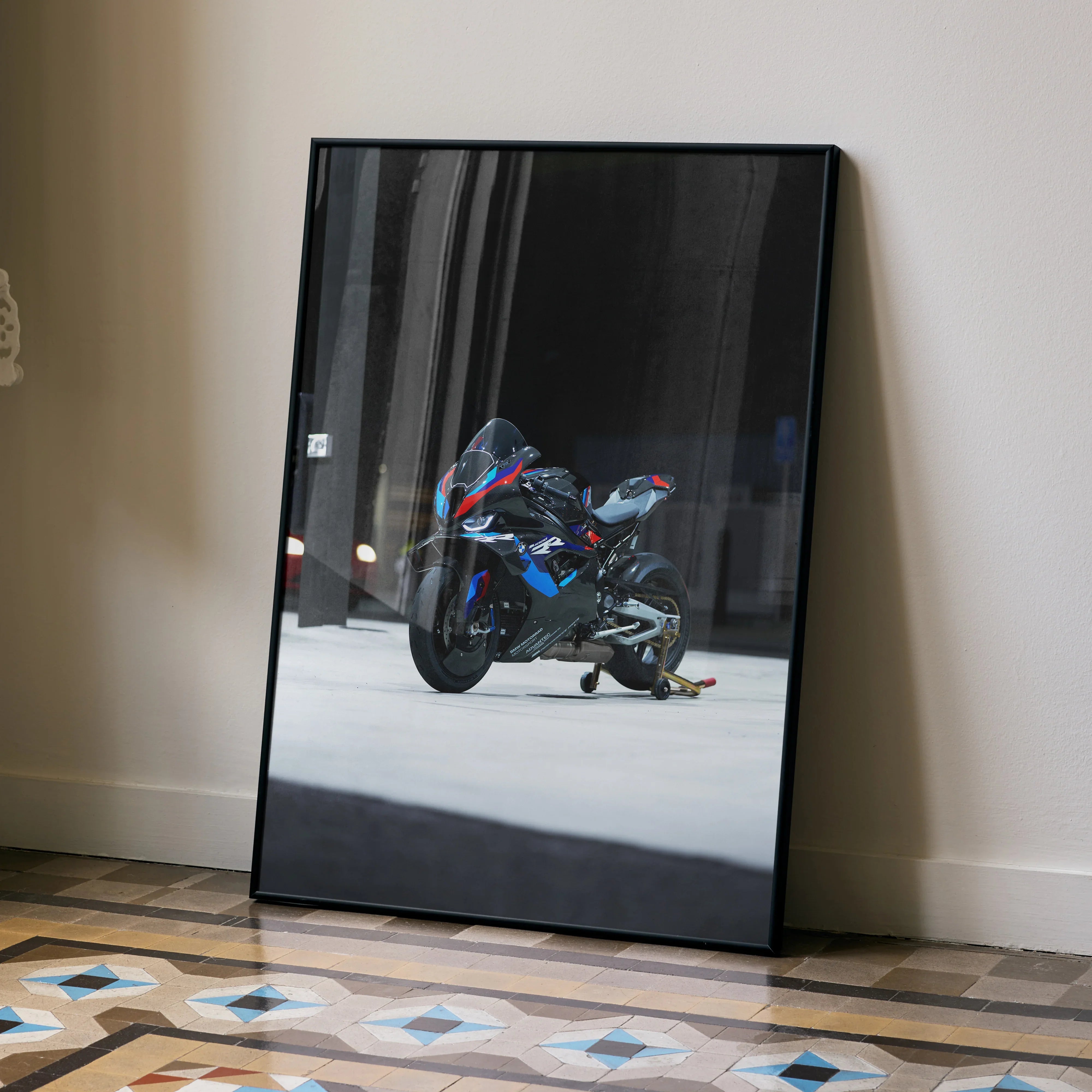 BMW M1000RR motorcycle poster wall art with sleek black frame and racing blue accents.