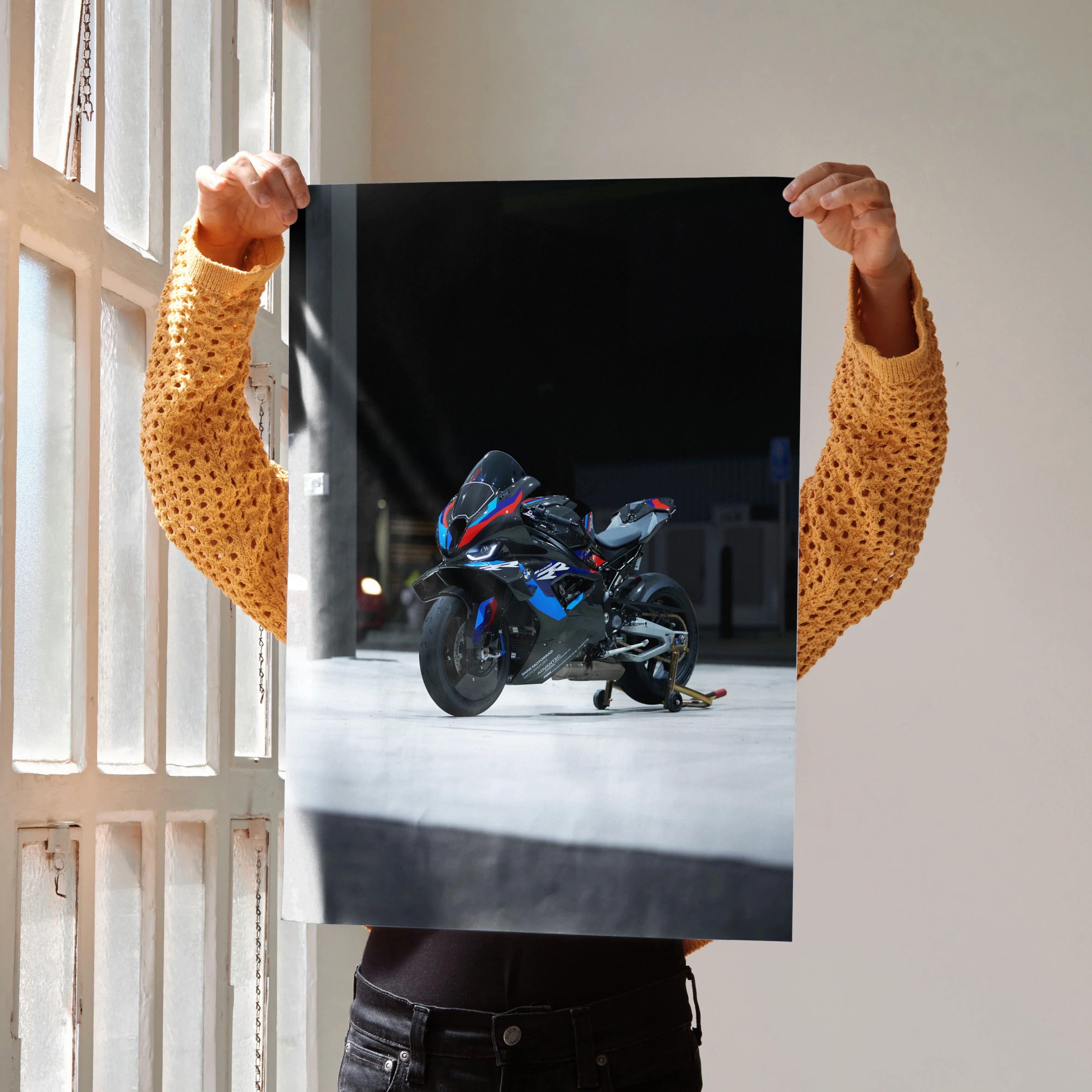 BMW M1000RR motorcycle poster with sleek blue and black design, modern wall art for enthusiasts.